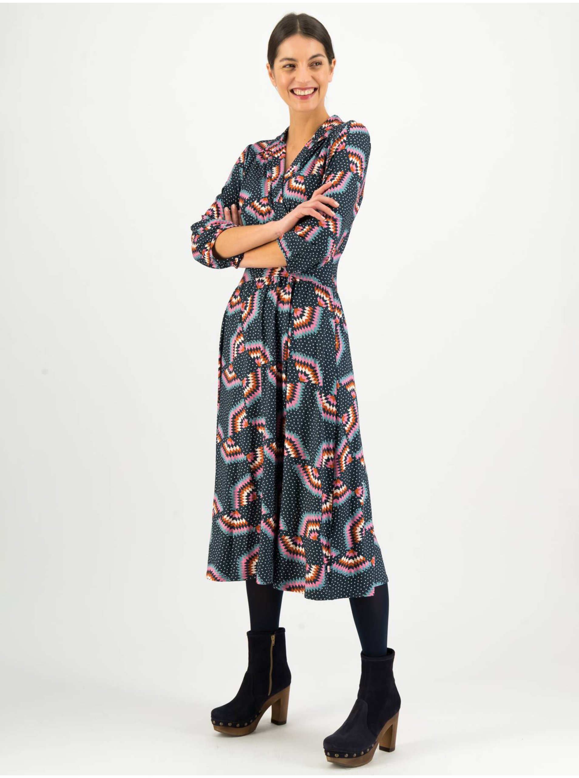 Blutsgeschwister Red-blue Patterned Midi-dresses With Three-quarter Sleeves Blutsgesc - Ladies