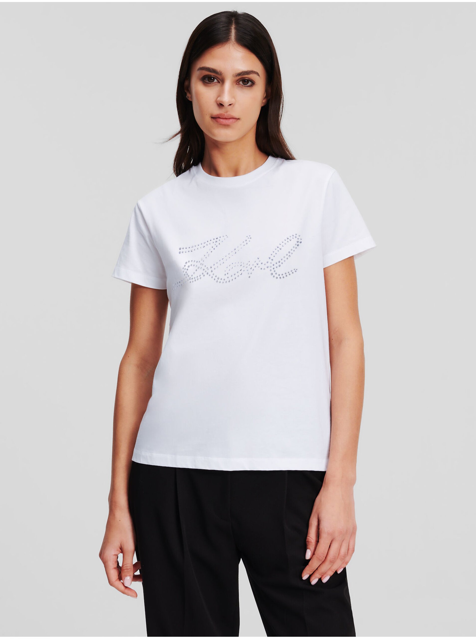 Levně Bílé dámské tričko KARL LAGERFELD Rhinestone Logo - Dámské