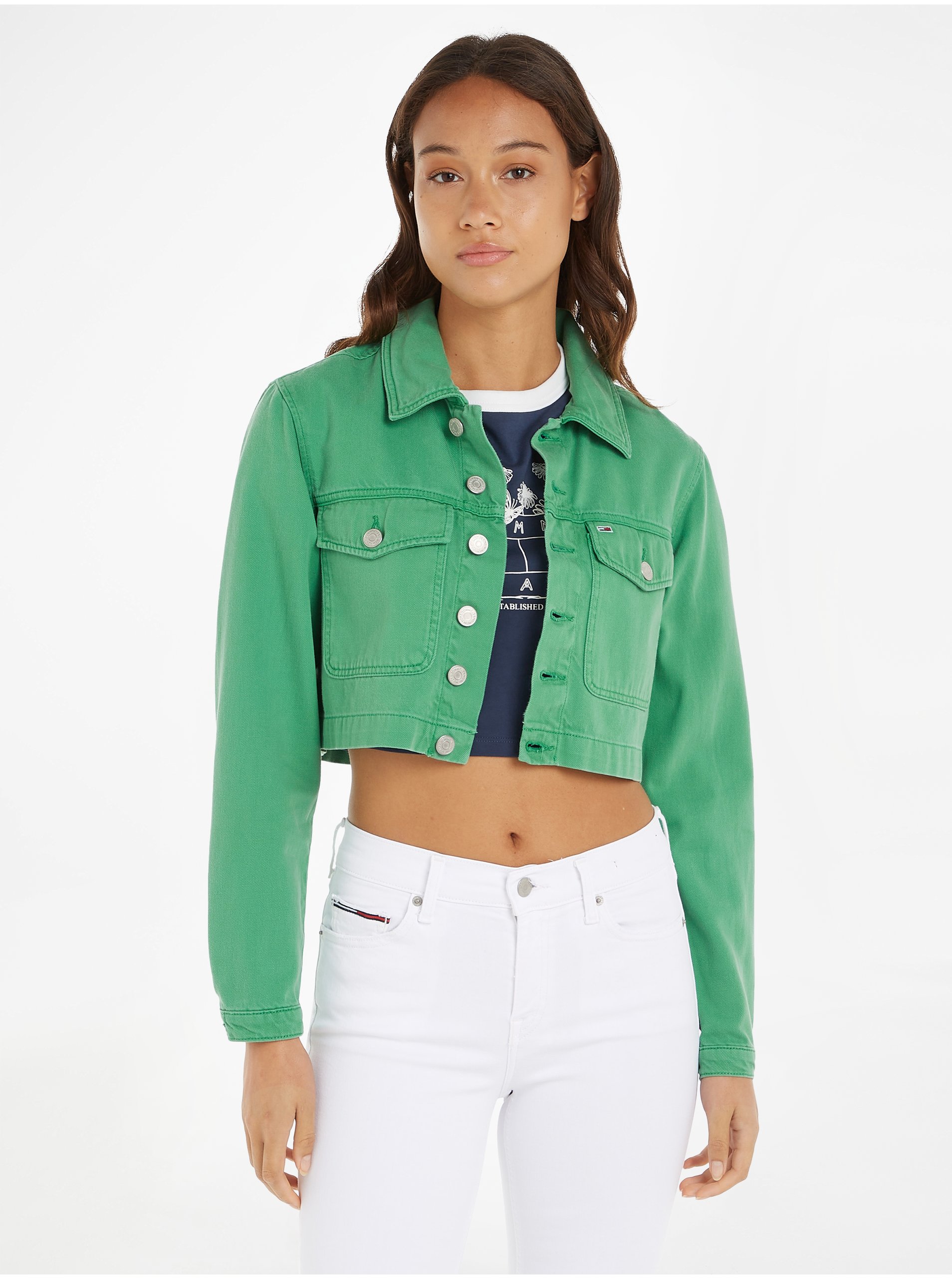 Levně Zelená dámská džínová crop top bunda Tommy Jeans - Dámské