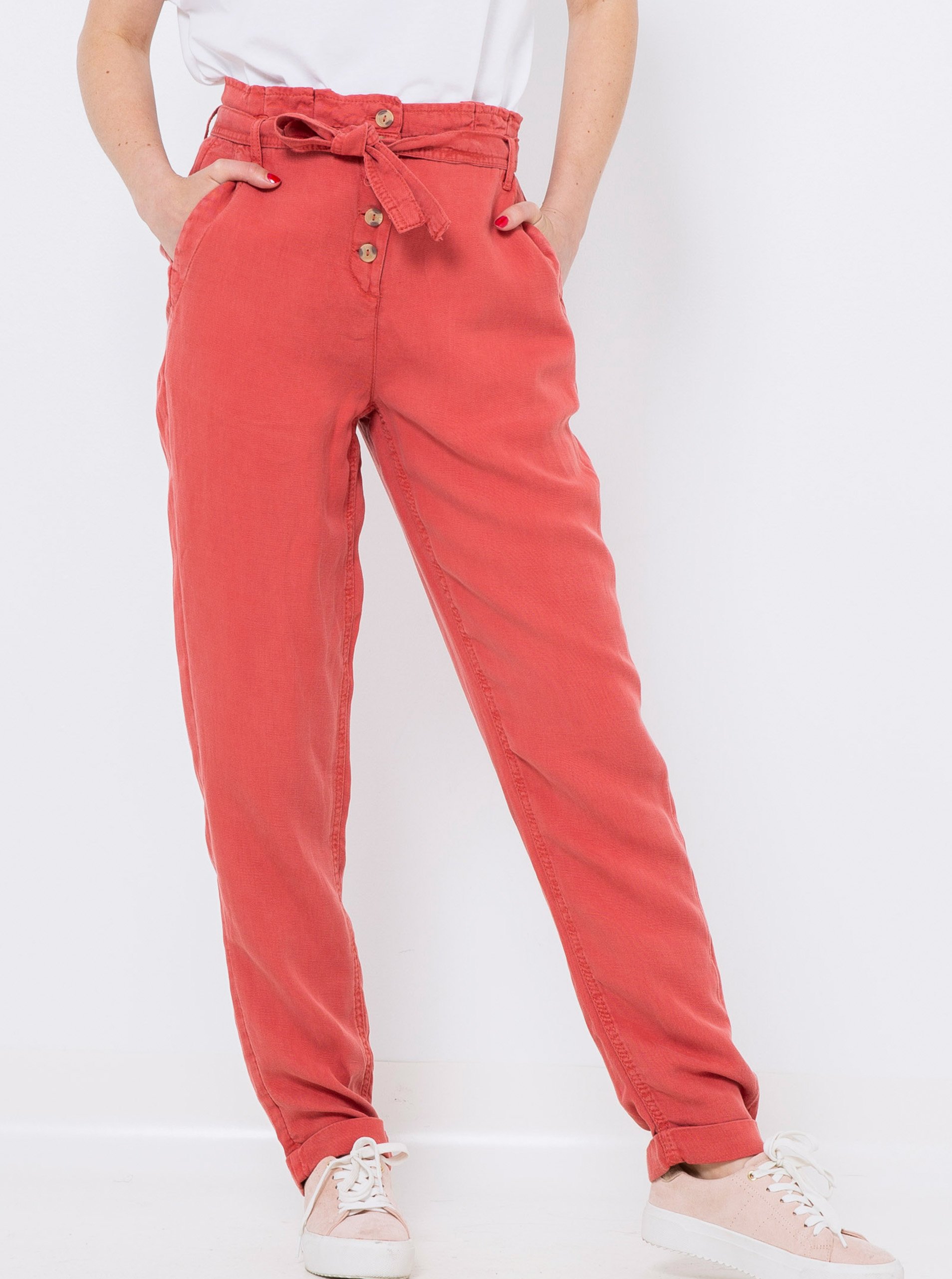 Red trousers with high waist and linen CAMAIEU - Ladies