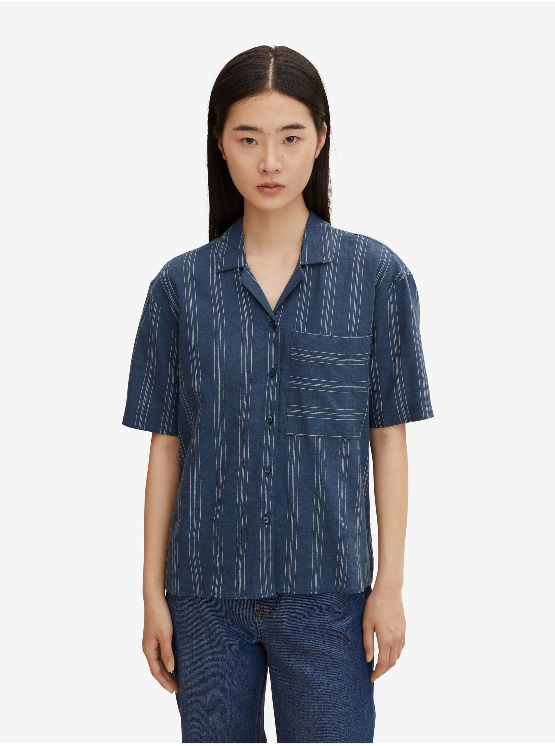 Dark Blue Ladies Striped Linen Short Sleeve Shirt Tom Tailor - Women