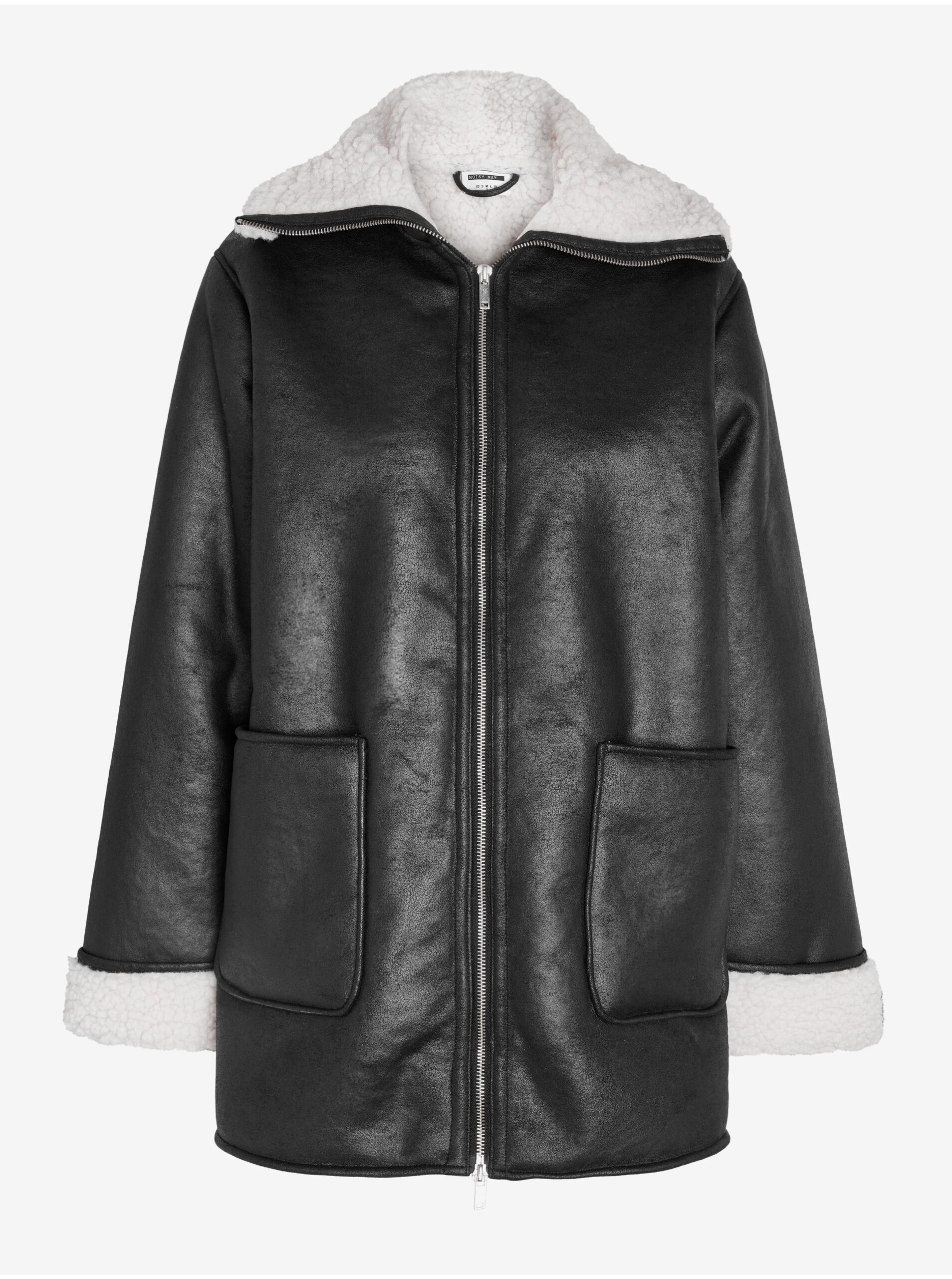 Levně Černá dámská koženková zimní bunda s umělým kožíškem Noisy May H - Dámské