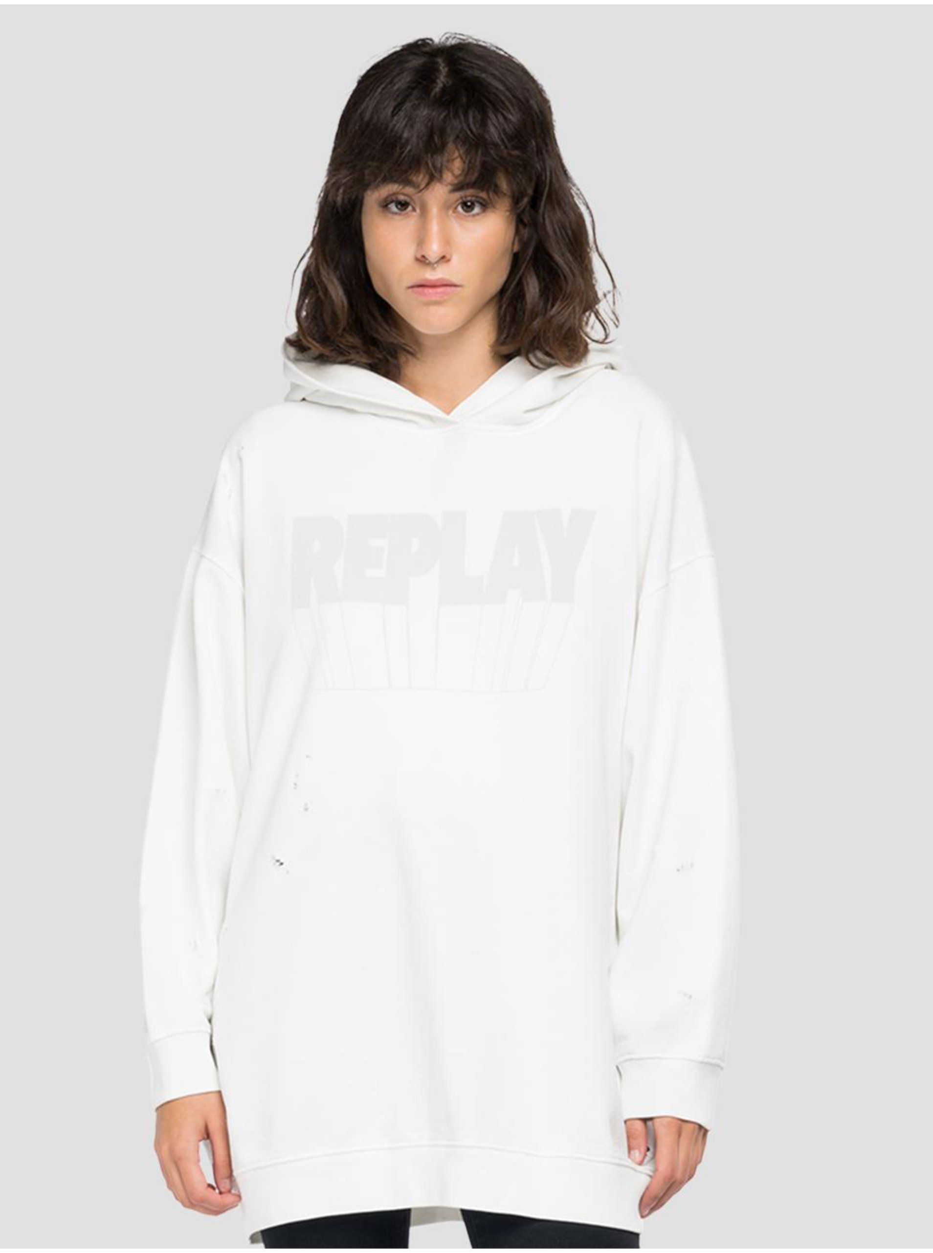 White Women's Oversize Sweatshirt with Torn Replay Effect - Women