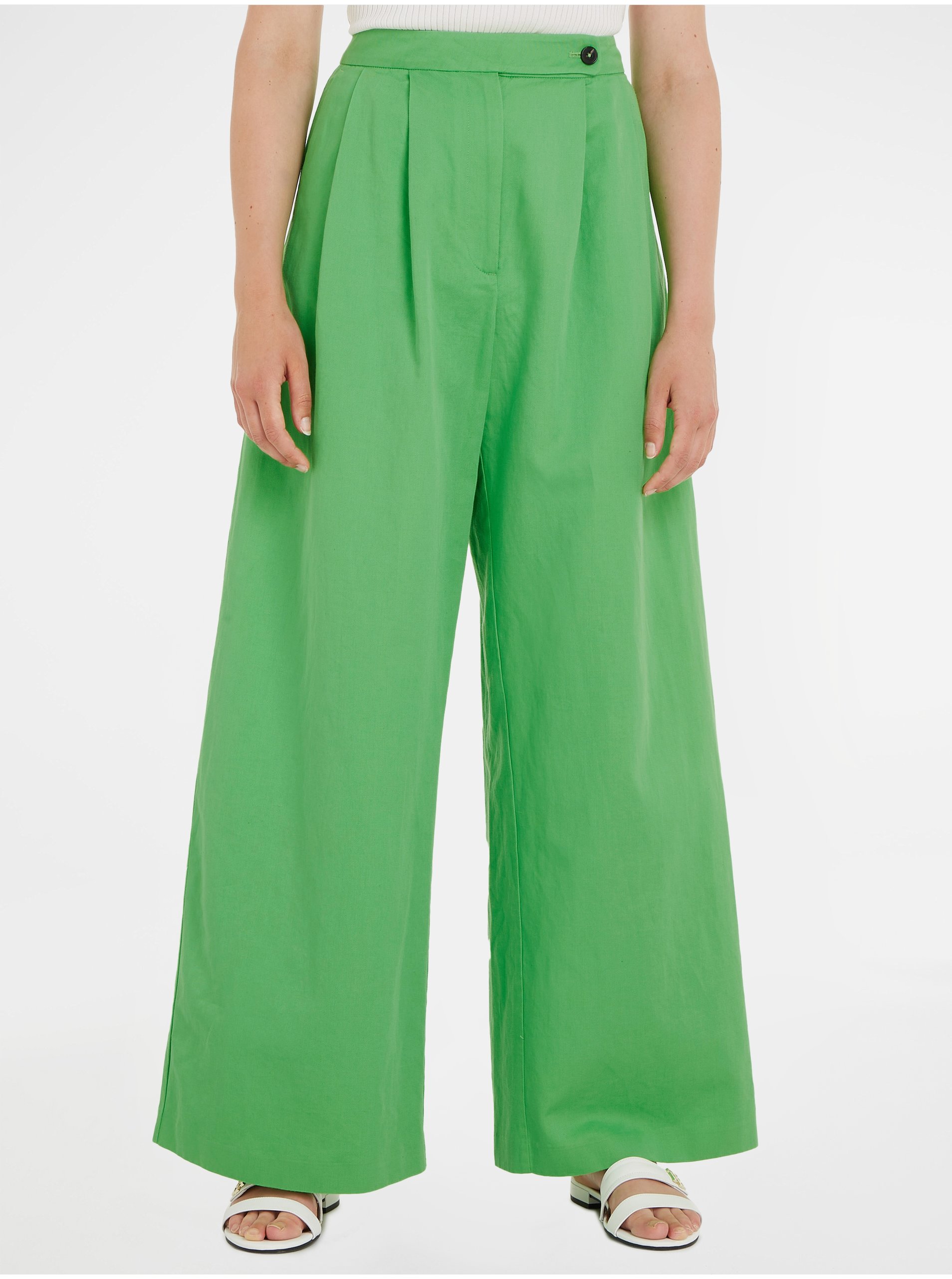 Light Green Women's Wide Trousers With Linen Tommy Hilfiger - Ladies