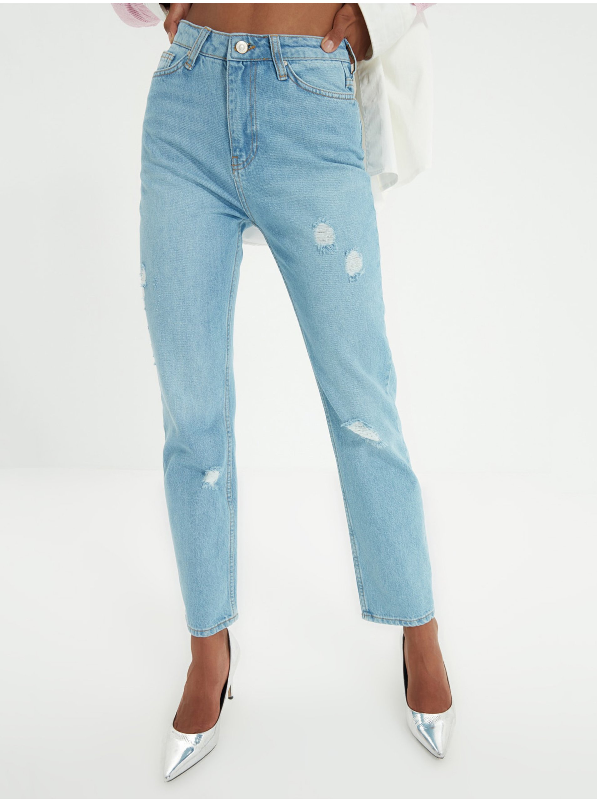 Light Blue Mom Fit Jeans With Ripped Effect Trendyol - Women