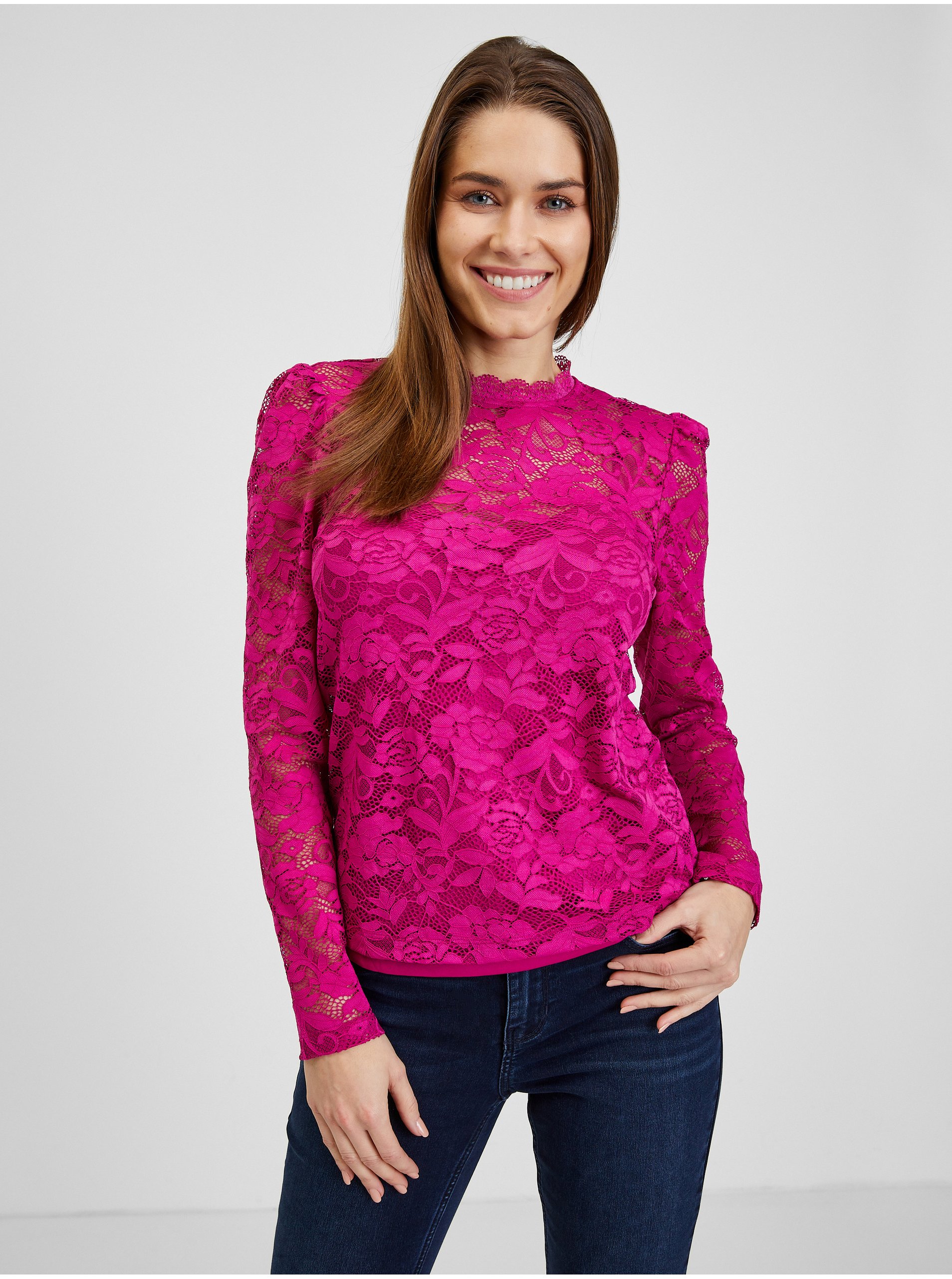 Levně Tmavě růžové dámské krajkované tričko ORSAY - Dámské