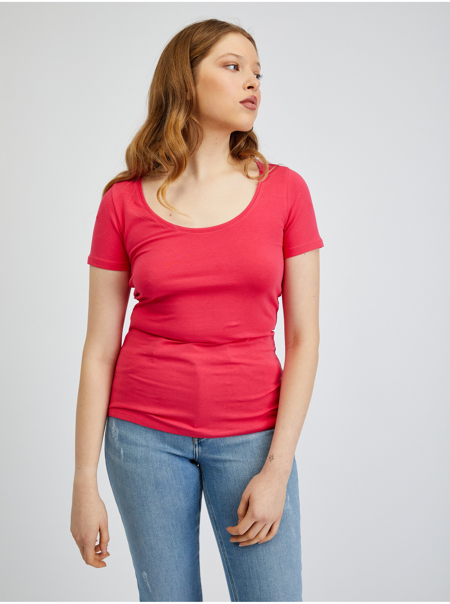 Levně Tmavě růžové dámské basic tričko ORSAY - Dámské