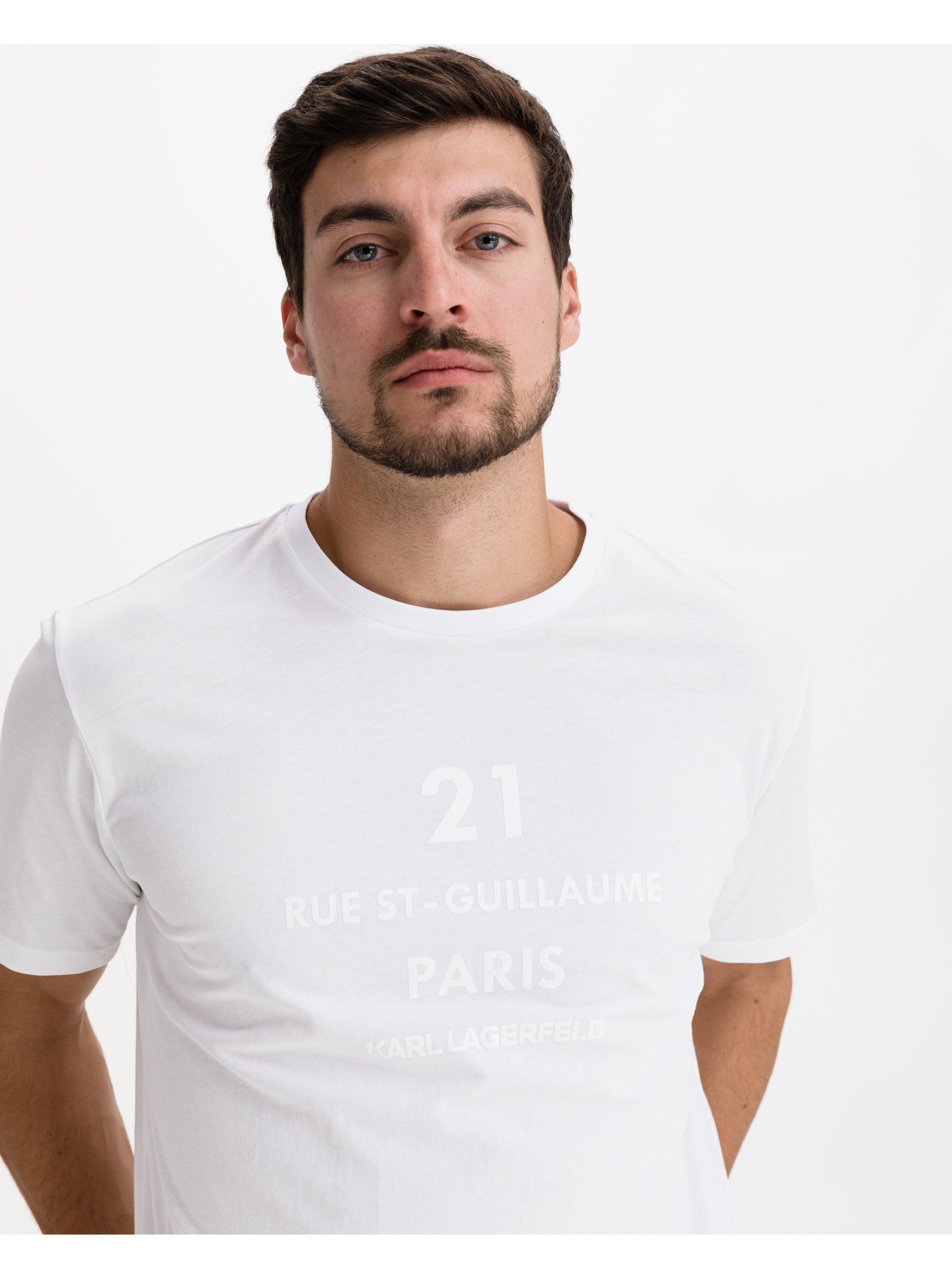 Levně Bílé pánské tričko KARL LAGERFELD Rue St Guillaume - Pánské