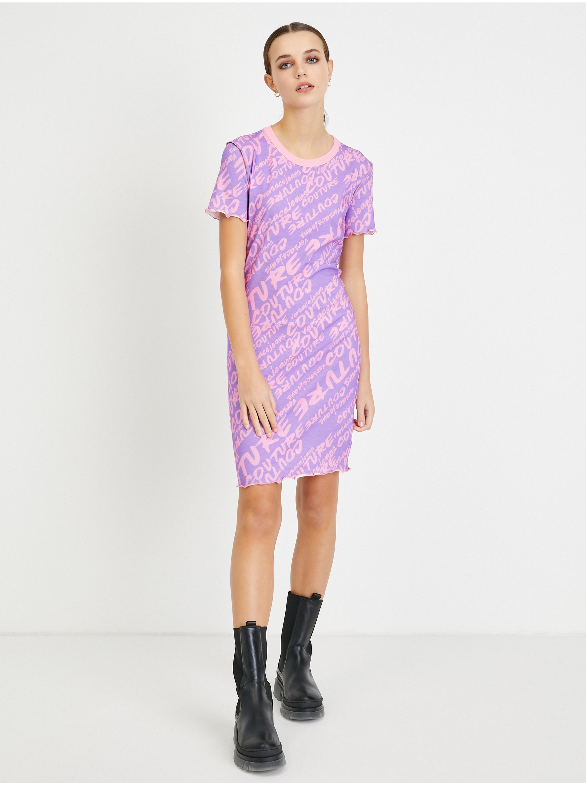 Levně Světle fialové vzorované pouzdrové šaty Versace Jeans Couture - Dámské