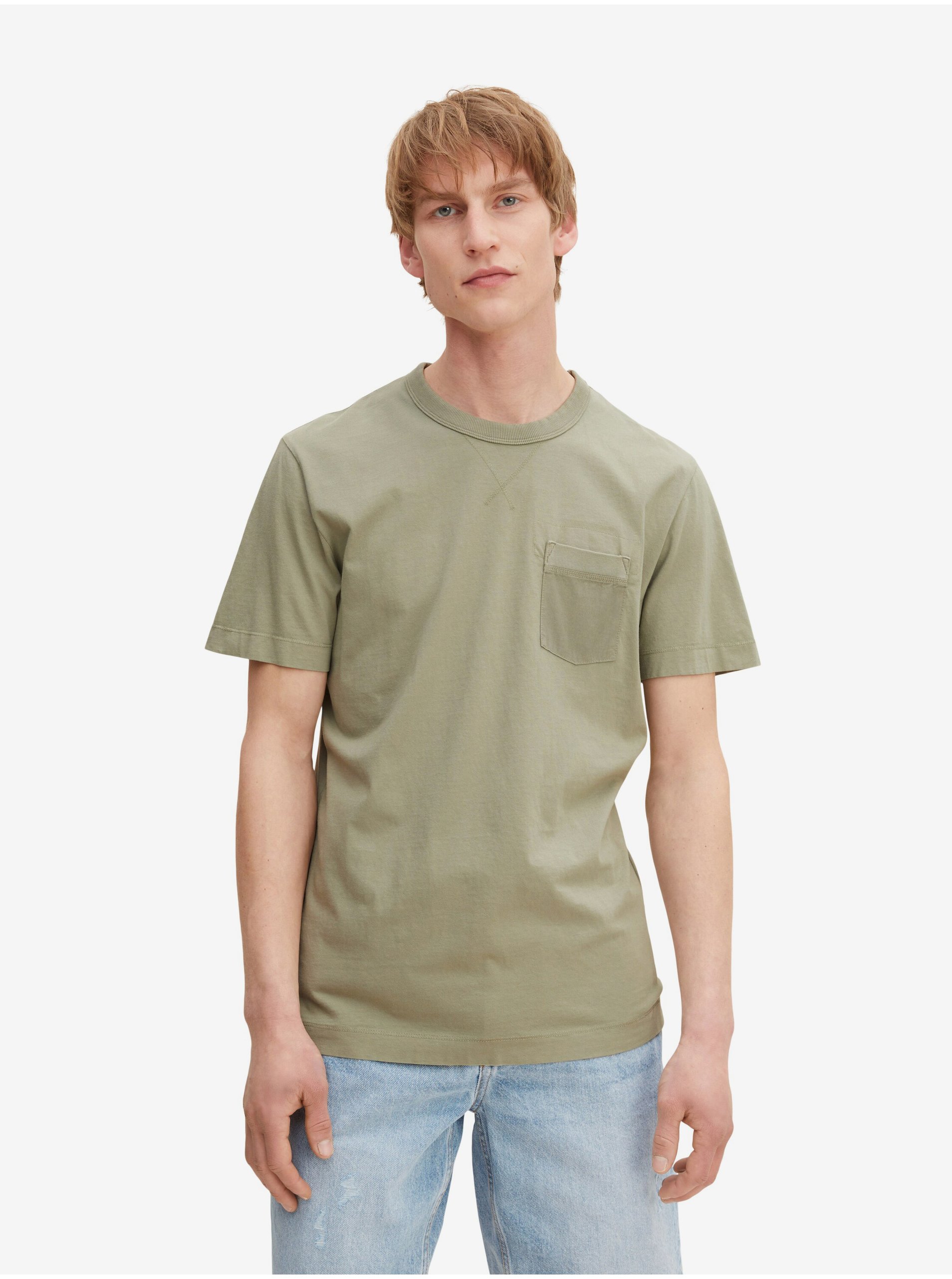 Levně Khaki pánské basic tričko s kapsou Tom Tailor - Pánské