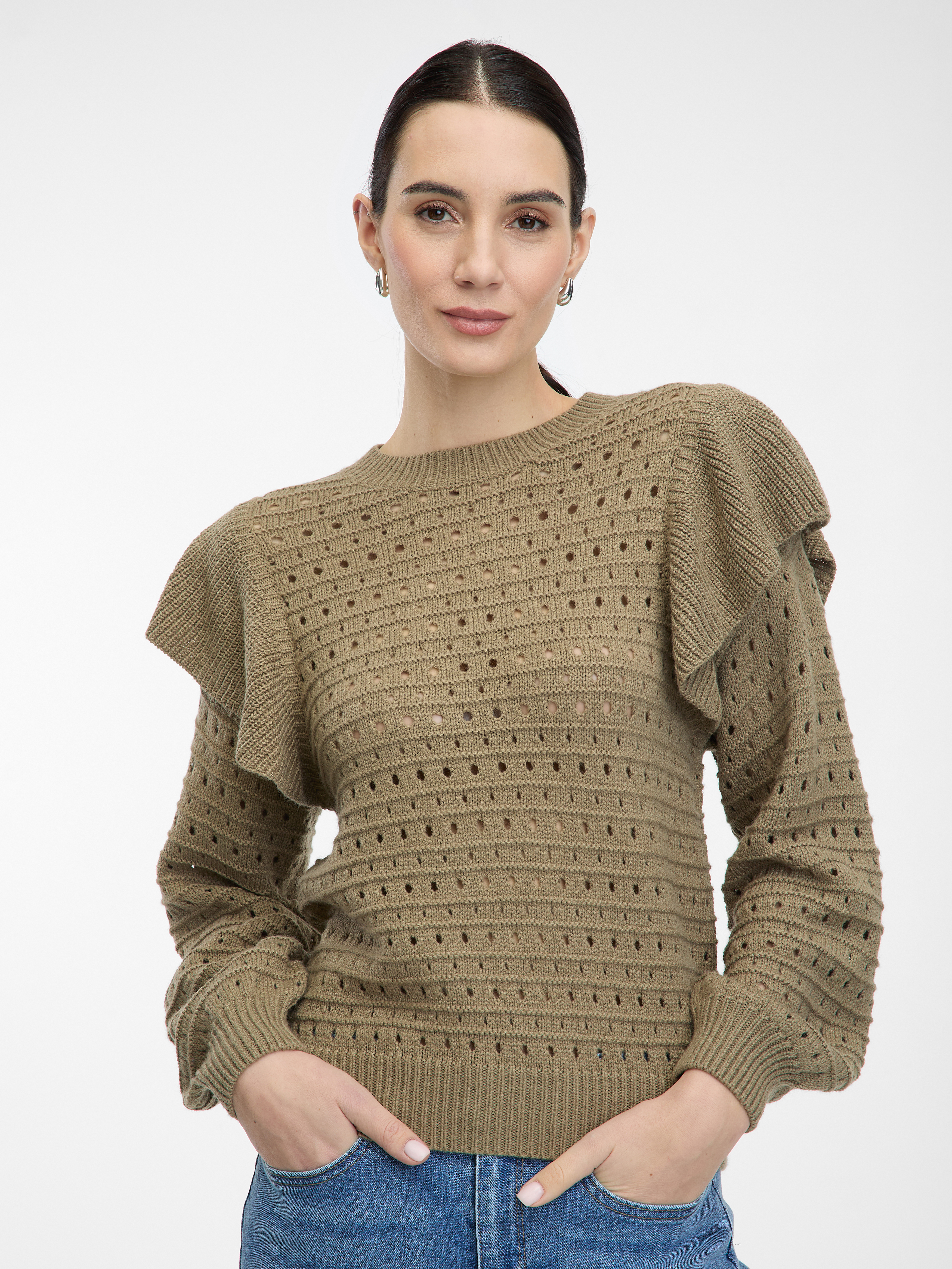 Khaki women&#039;s sweater with ruffles ORSAY - Women&#039;s