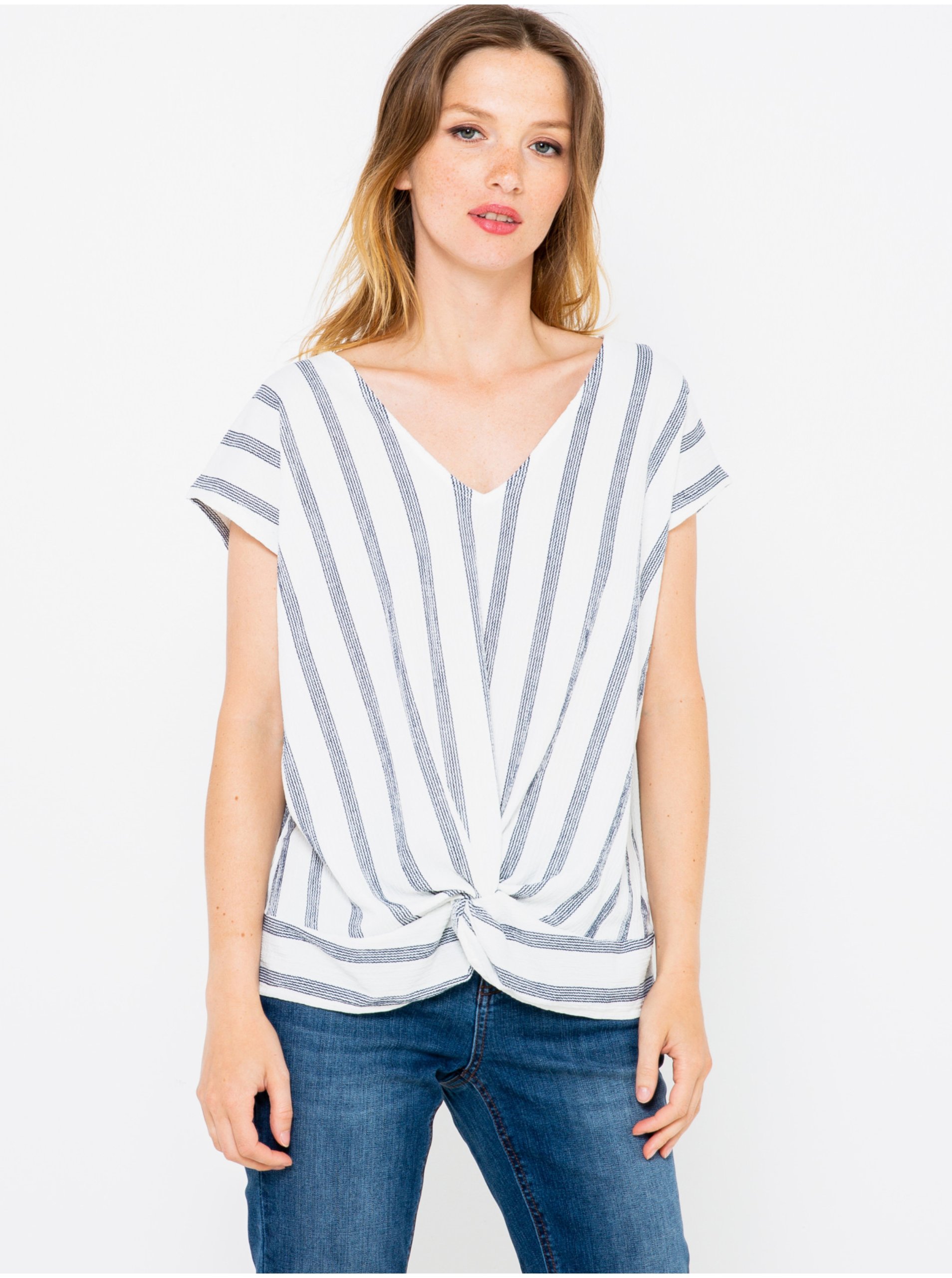Gray-white striped loose T-shirt with knot CAMAIEU - Women