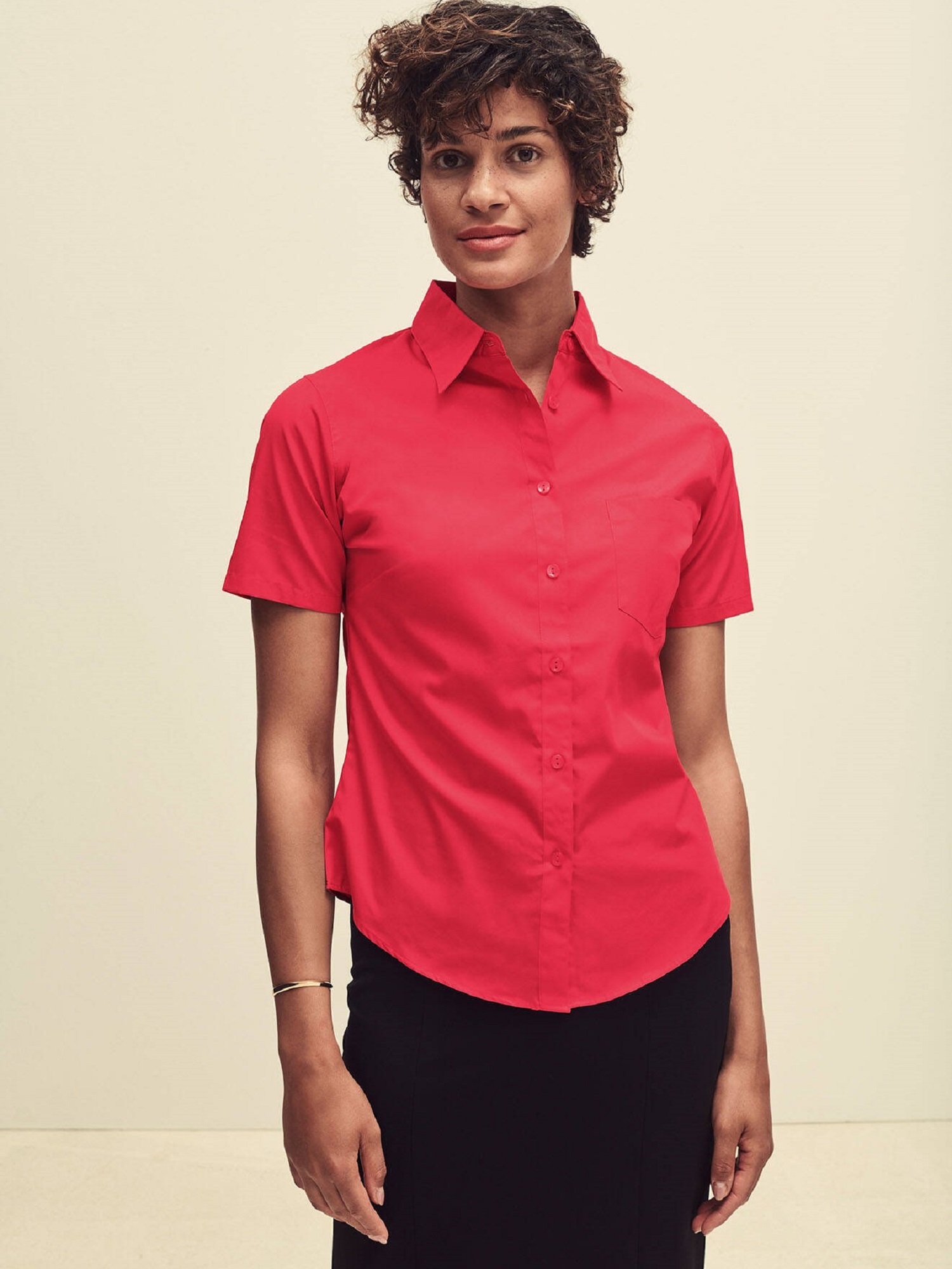 Levně Red Poplin Shirt With Short Sleeves Fruit Of The Loom