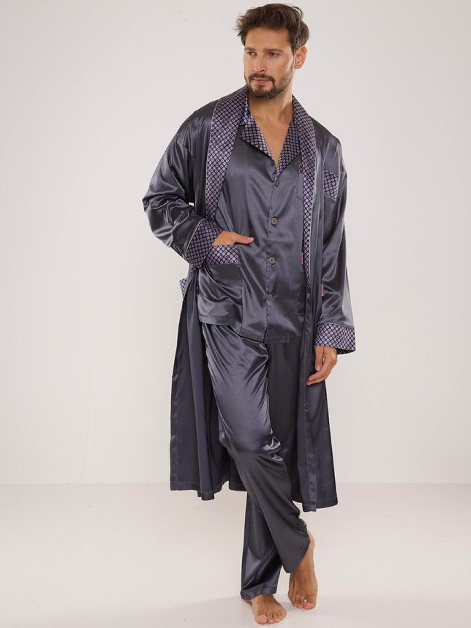 Levně Men's bathrobe De Lafense 940 Satin M-4XL grey 090