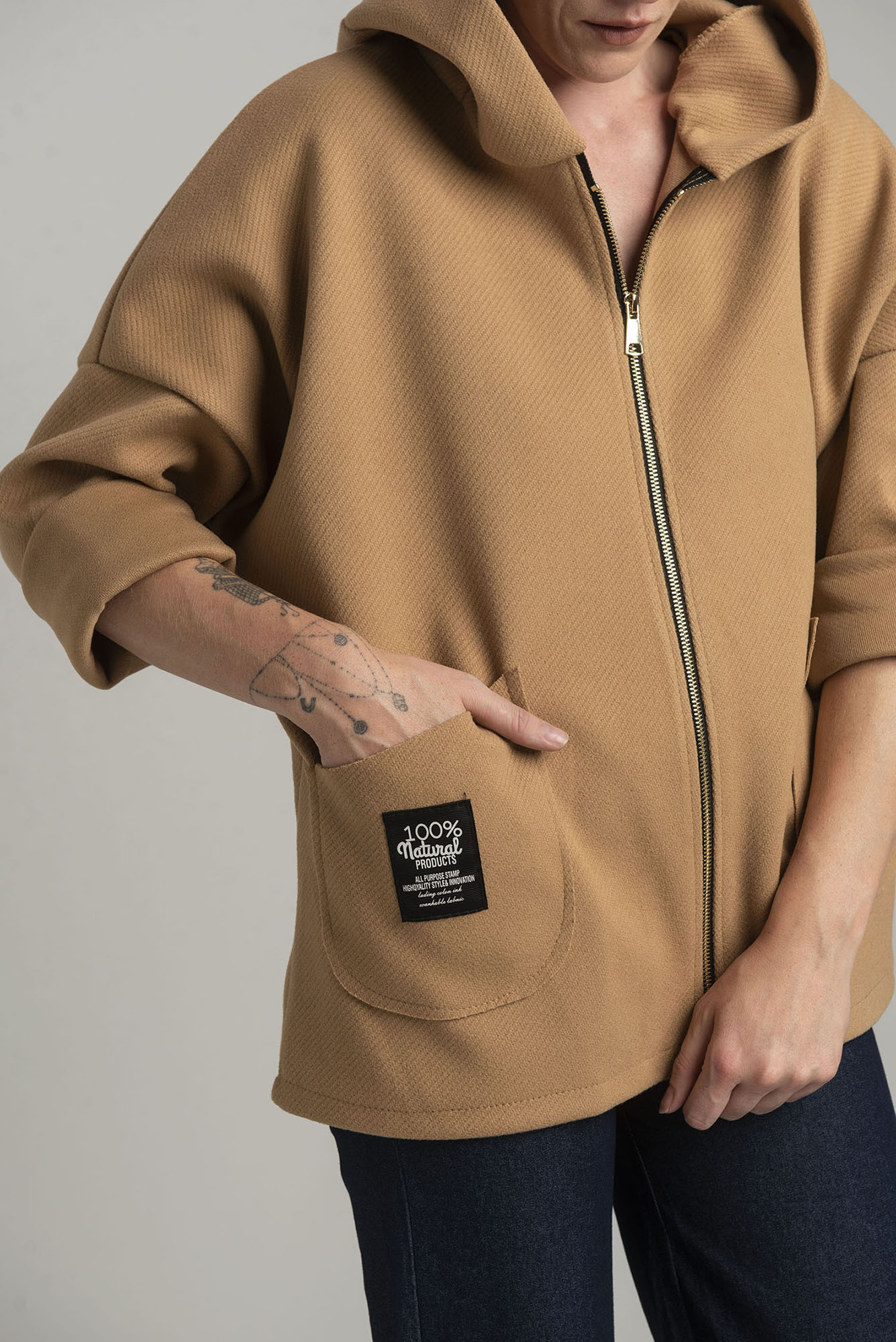 Camel transitional light jacket with hood