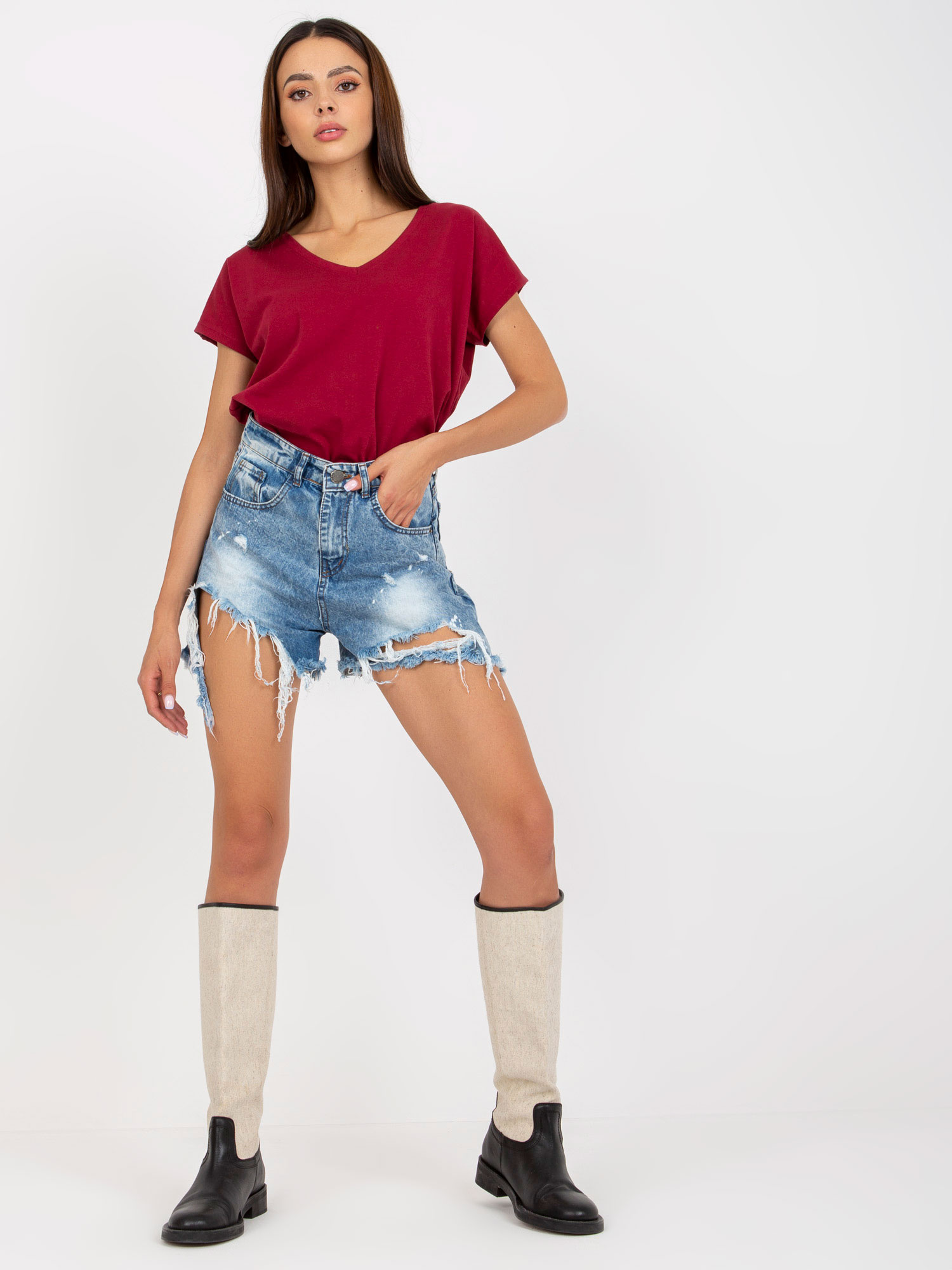 Burgundy cotton V-neck t-shirt BASIC