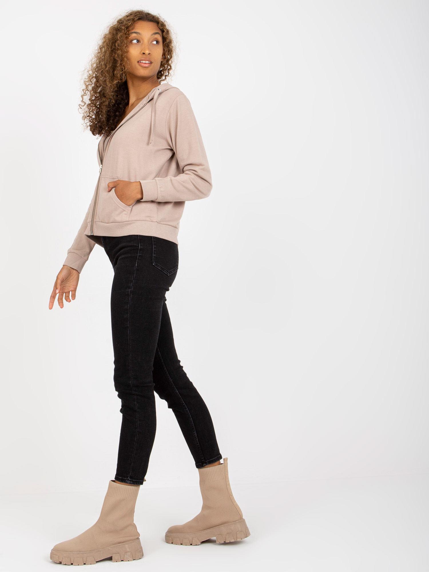 Beige zip-up hoodie with pockets