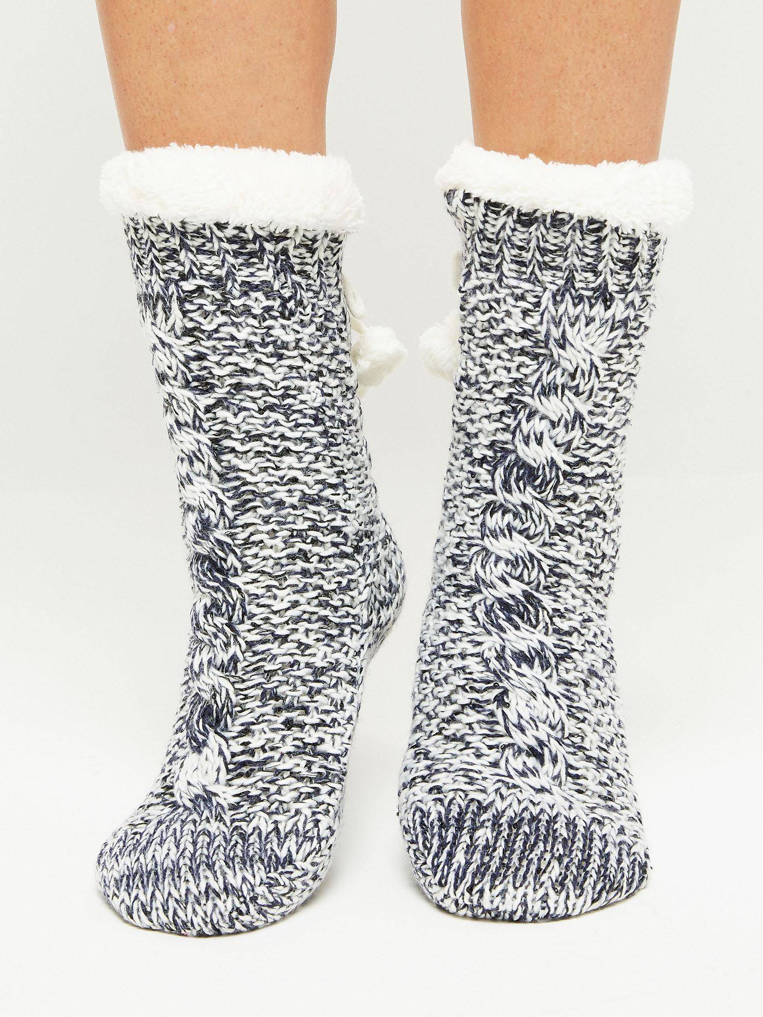 Socks decorated with braid stitch and sequins navy blue