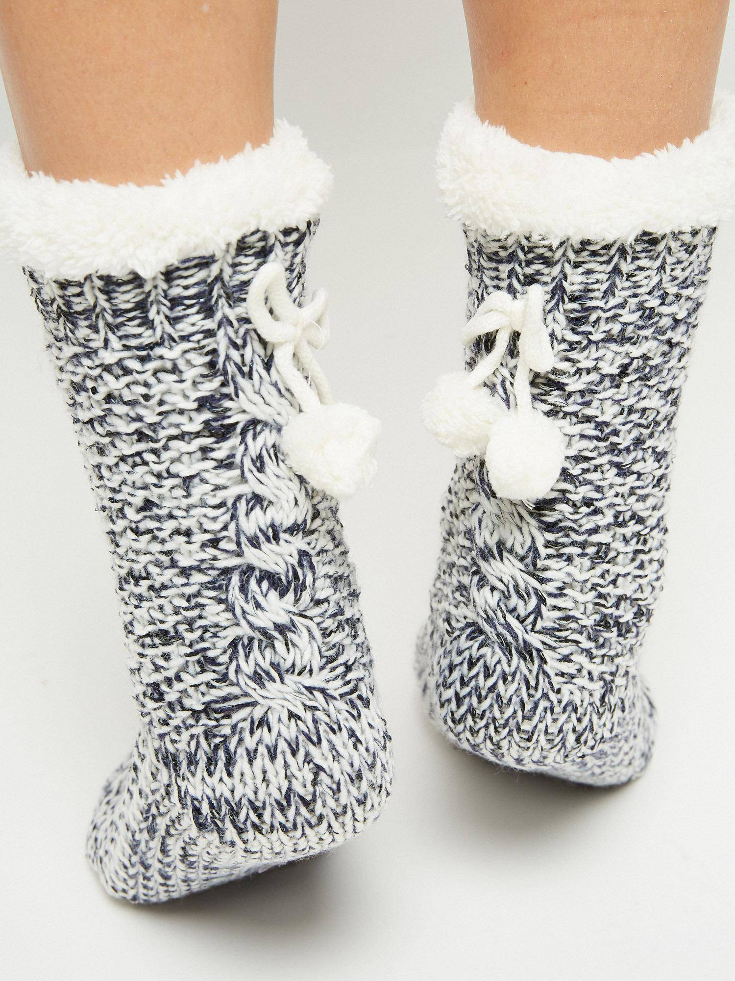 Socks decorated with braid stitch and sequins navy blue