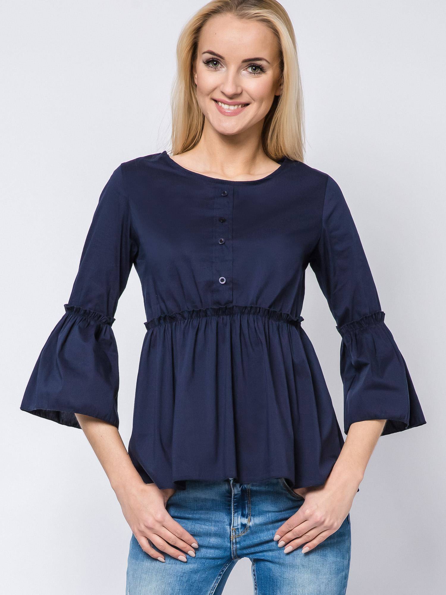 Levně Blouse with frills and lace-up neckline navy blue