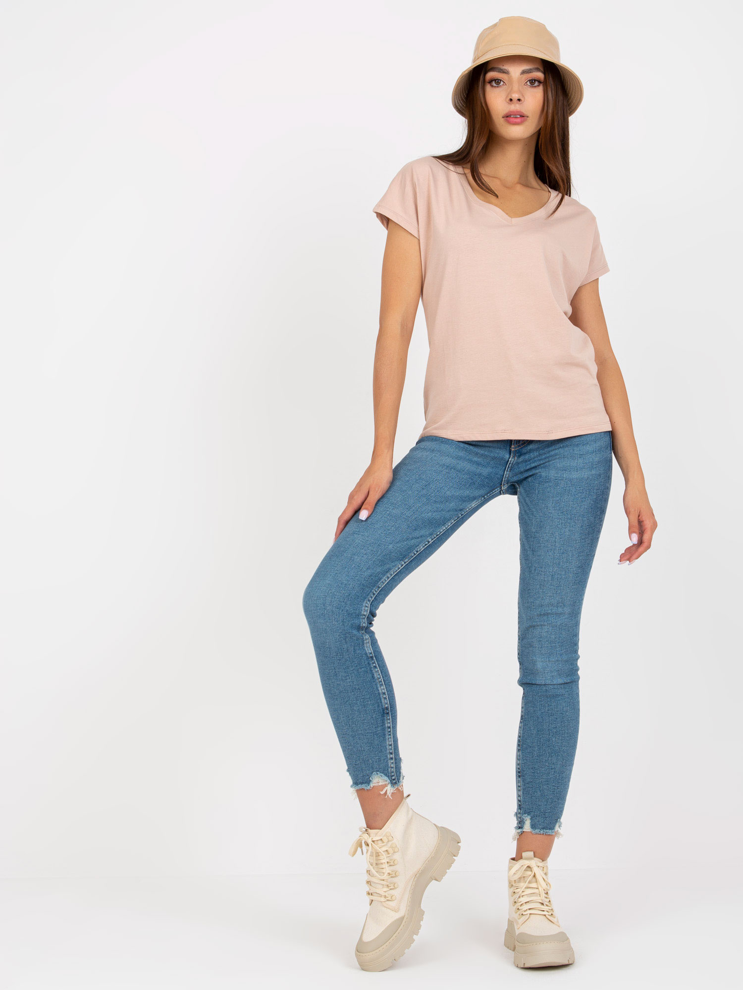 Beige cotton V-neck t-shirt BASIC