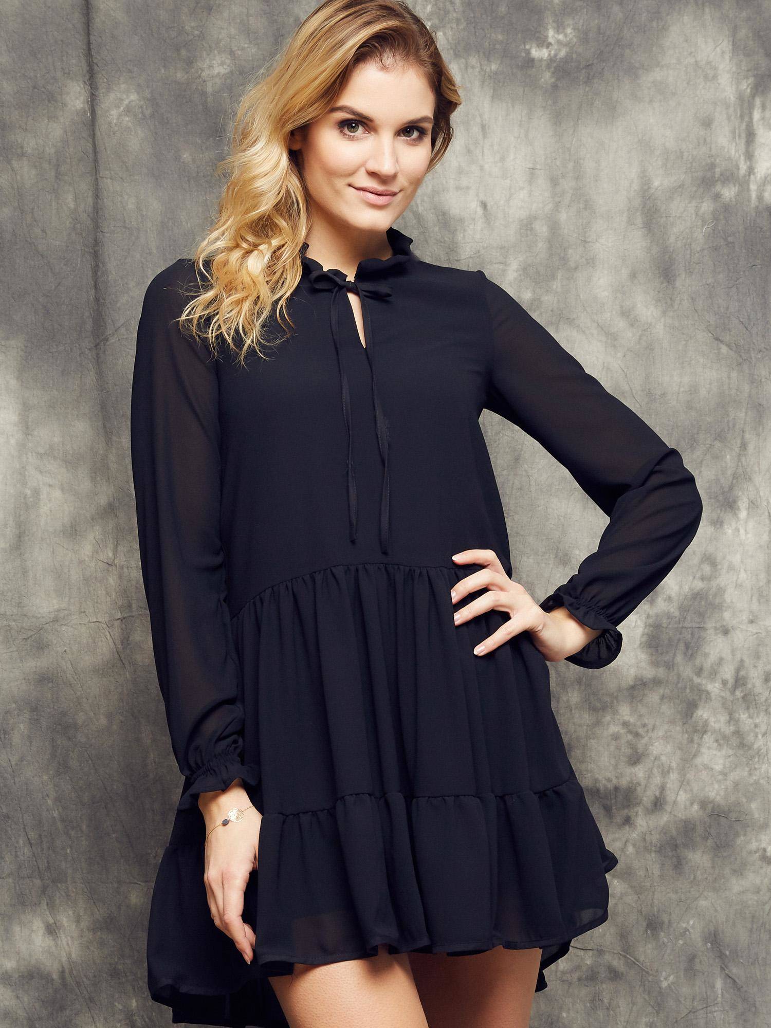 Levně Cocomore Boutiqe dress with stand-up collar and ruffles black