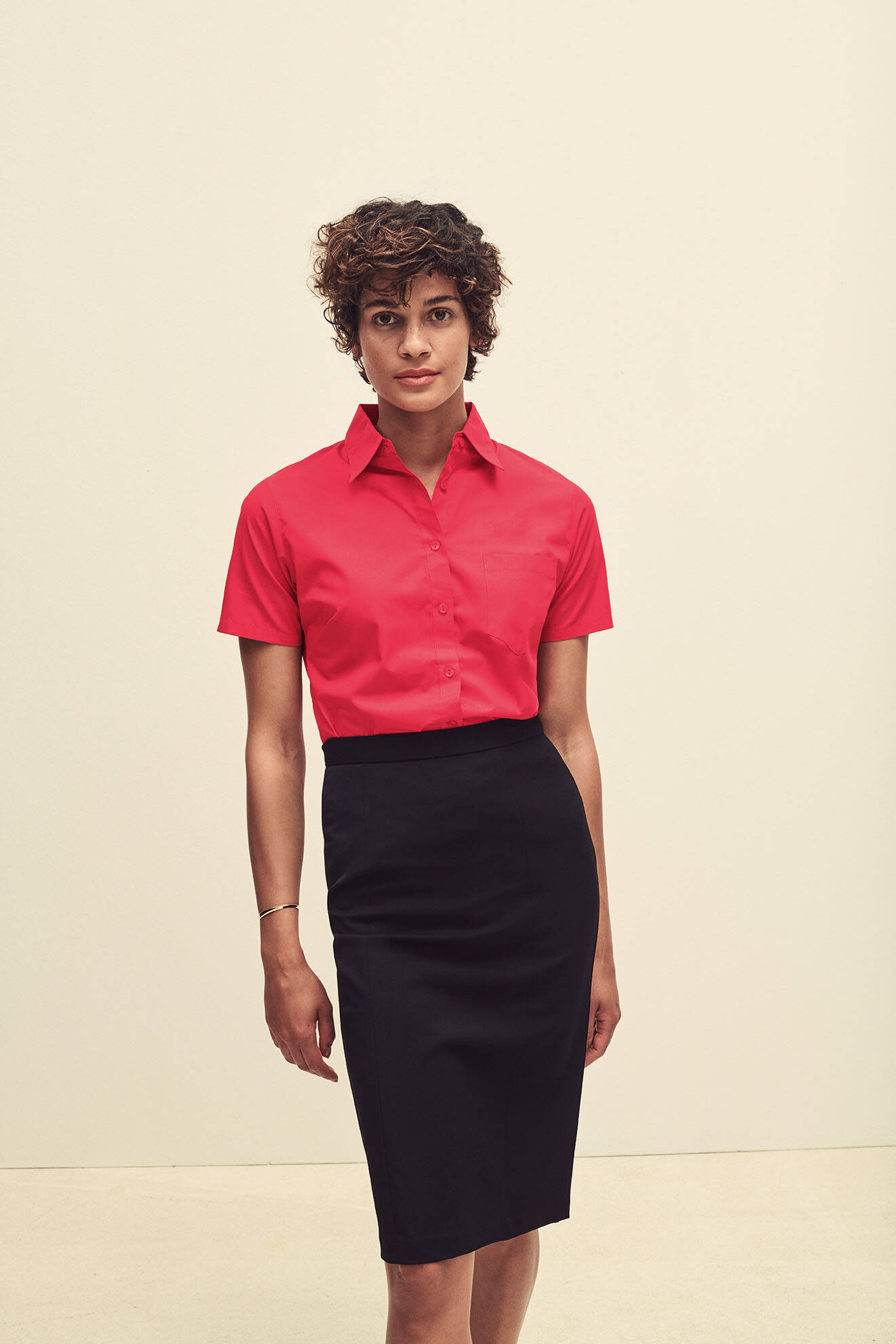 Red Poplin Shirt With Short Sleeves Fruit Of The Loom