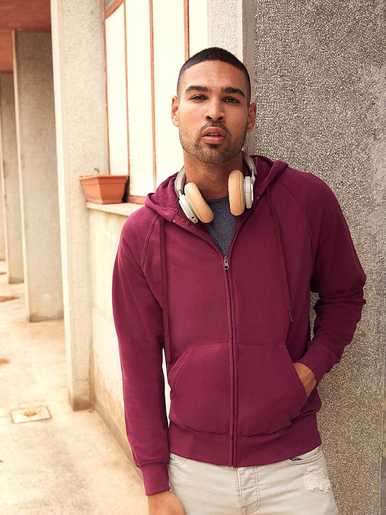 Burgundy Men&#039;s Hoodie Lightweight Zip Thru Hooded Sweat Fruit of the Loom