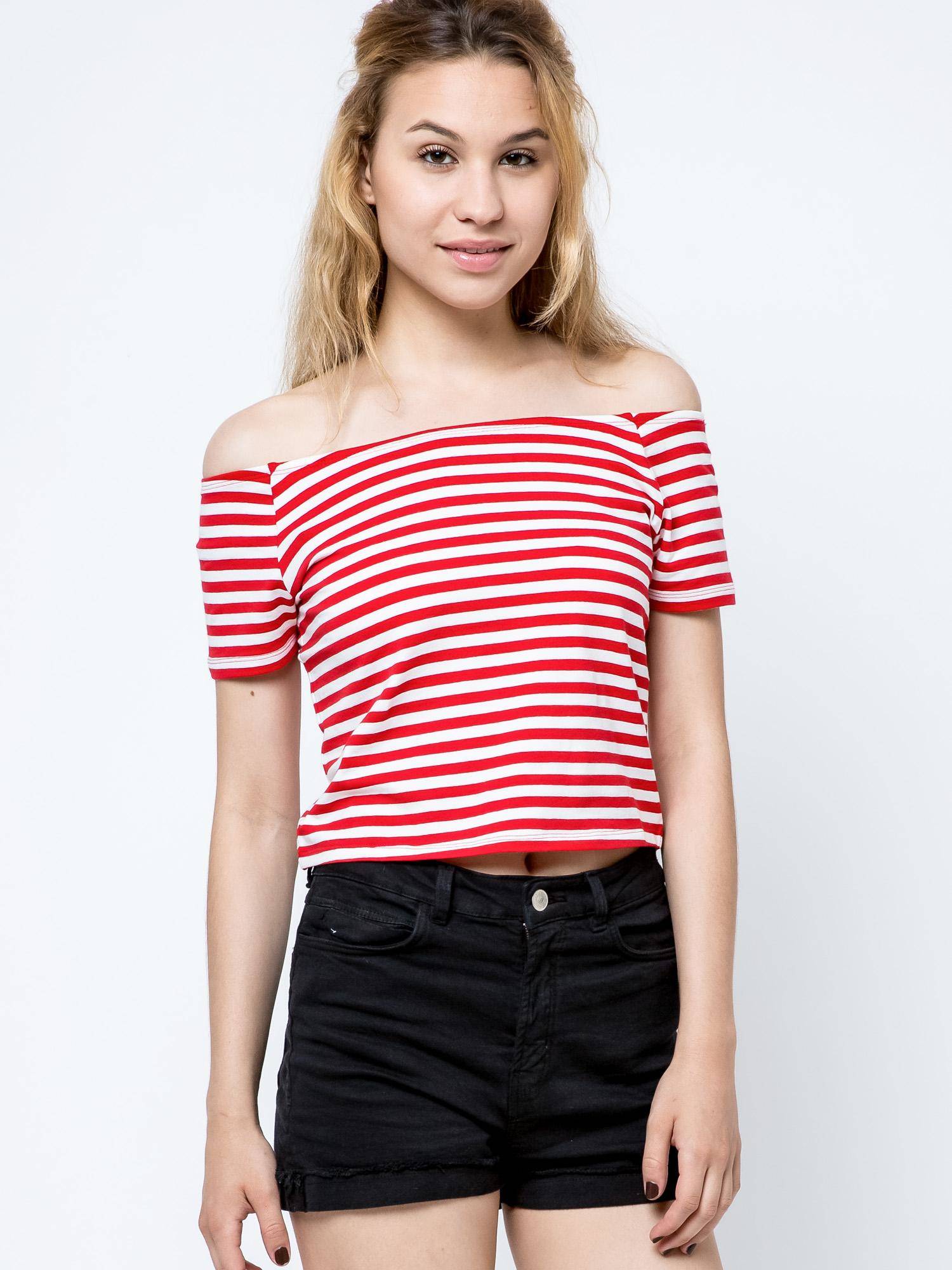 Short Blouse With Carmen Neckline White With Red Stripes