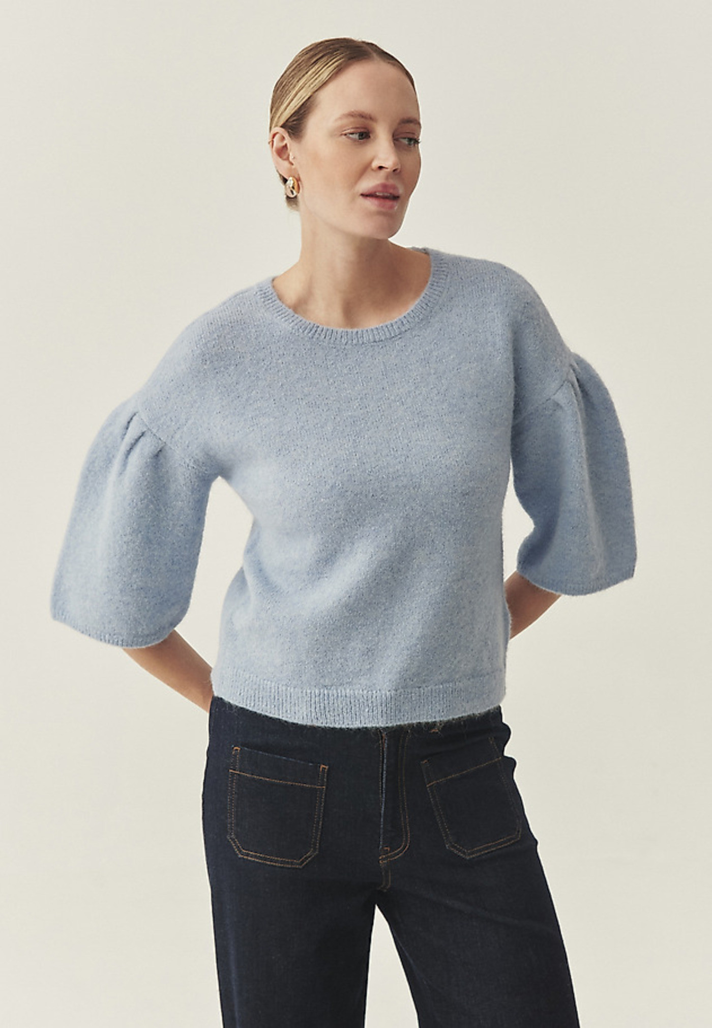 Син меланж пуловер с алпака и вълна