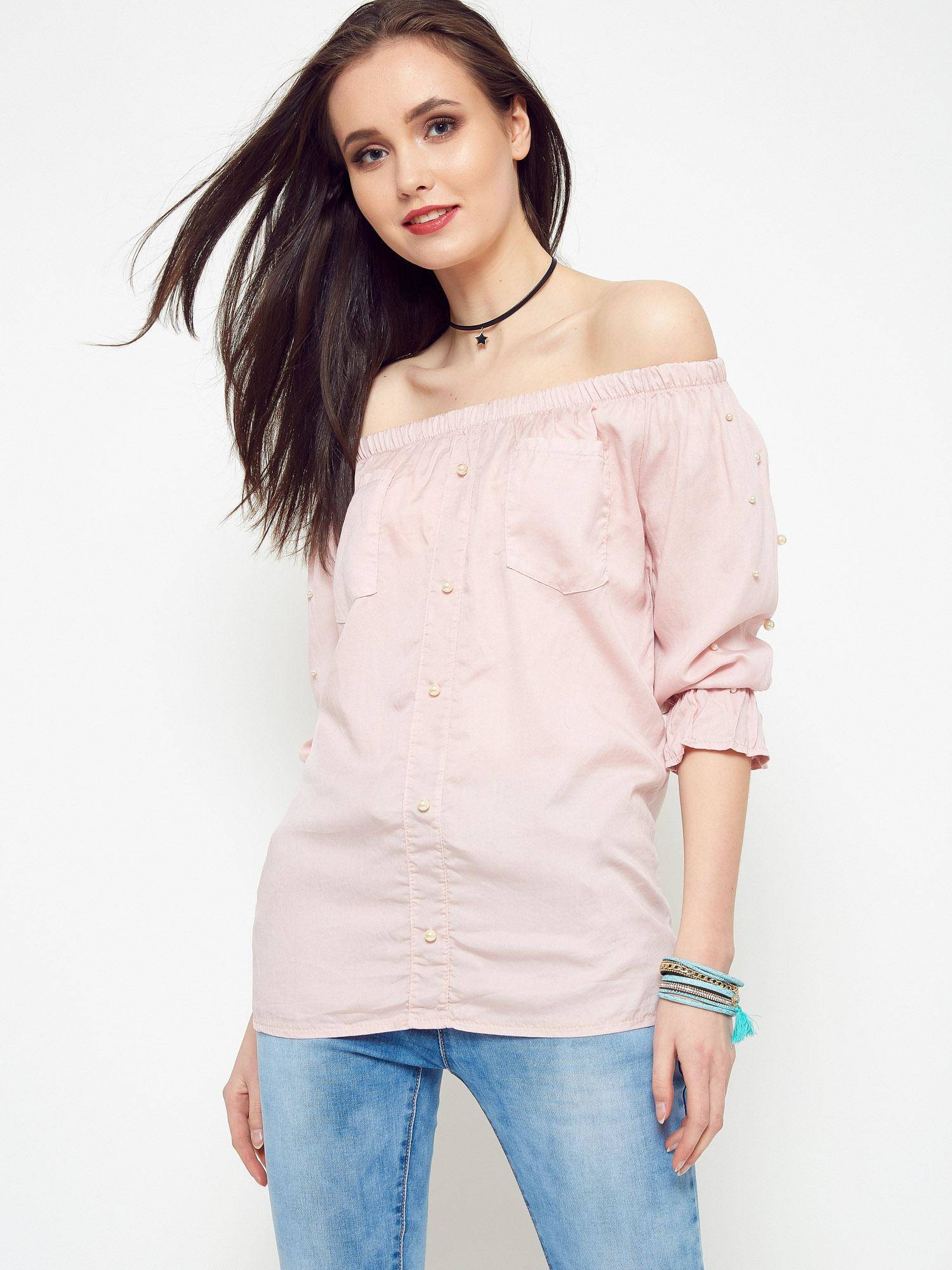 Levně Blouse with pearls revealing shoulders light pink