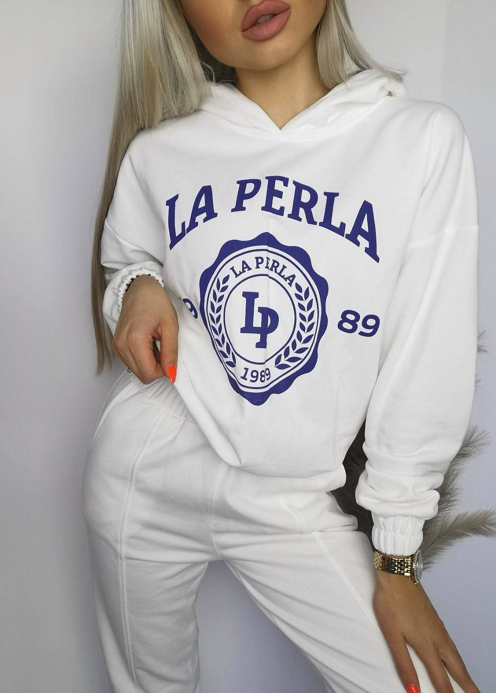 White sweatshirt set with La Perla print