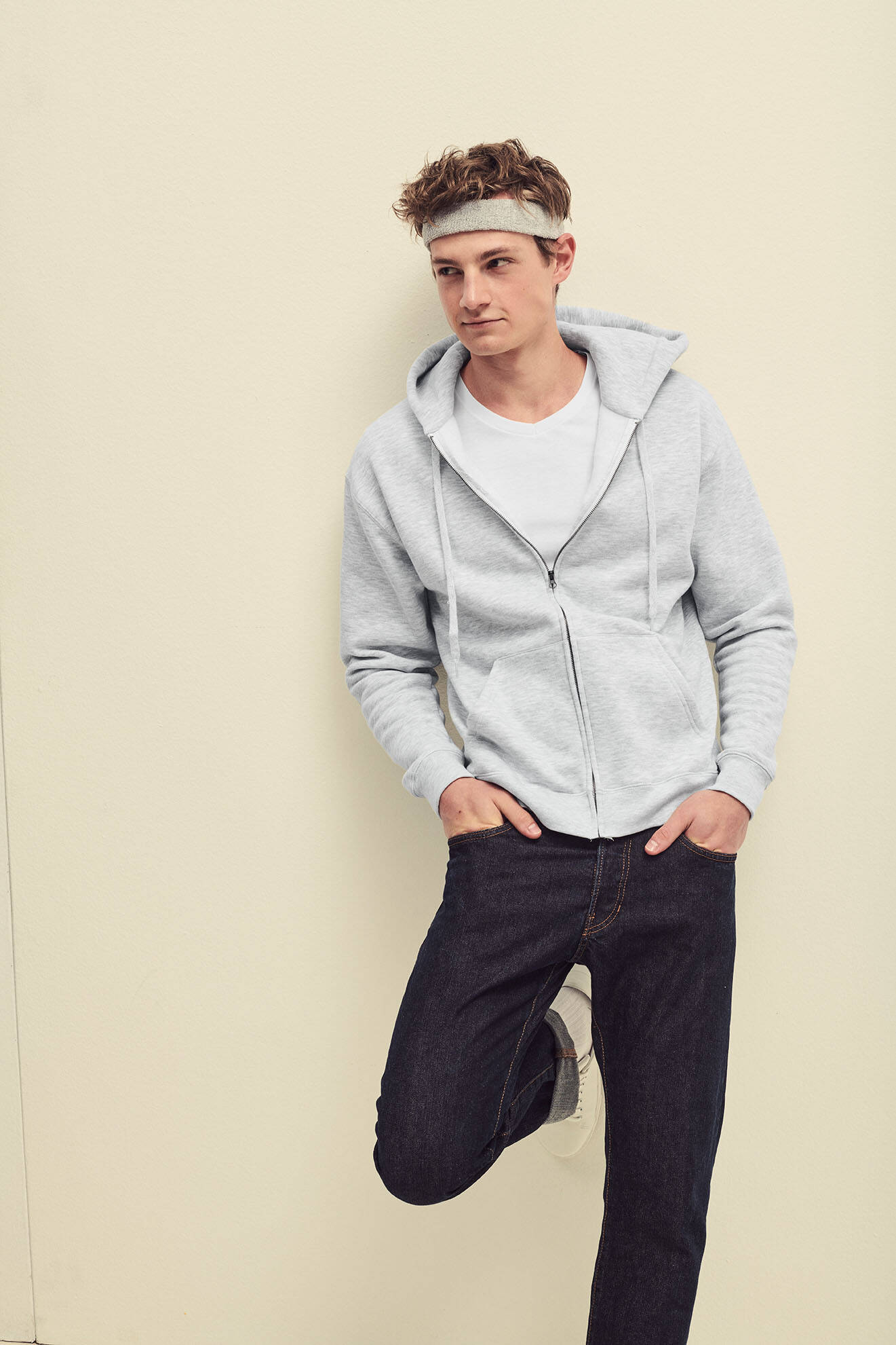 Light grey men&#039;s hoodie Premium Fruit of the Loom