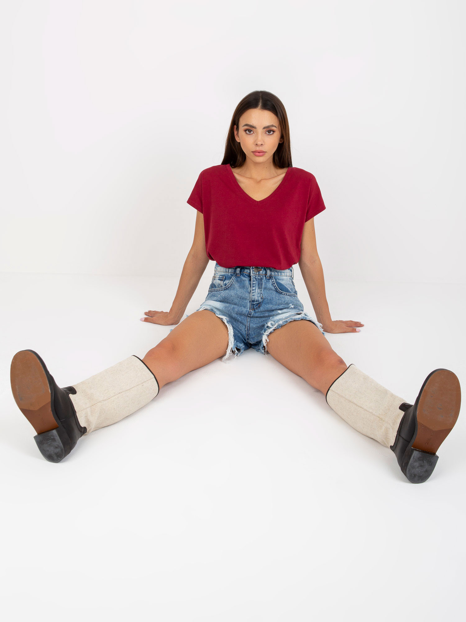 Burgundy cotton V-neck t-shirt BASIC
