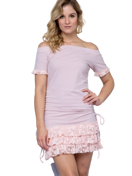 Lemonade dress decorated with carmen neckline and lace frills pink
