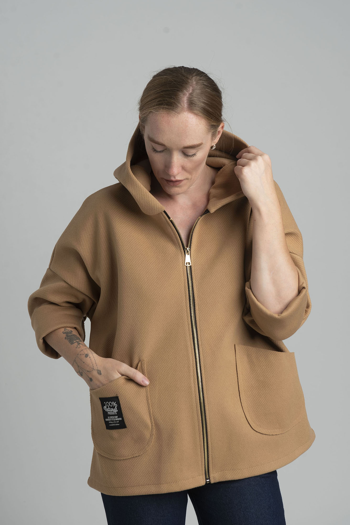 Camel transitional light jacket with hood