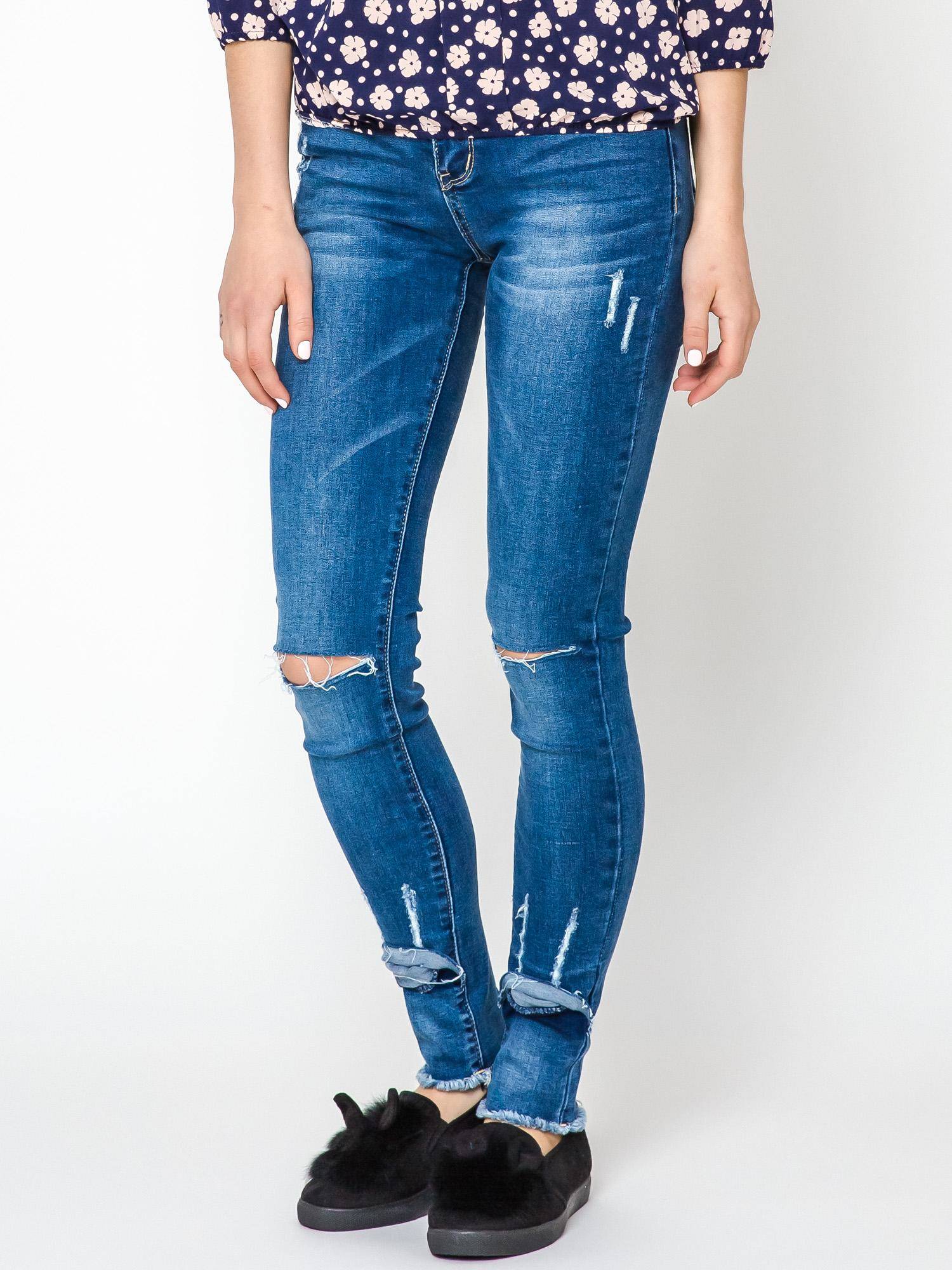 Levně Jeans decorated with cuts on the knees and numerous abrasions navy blue