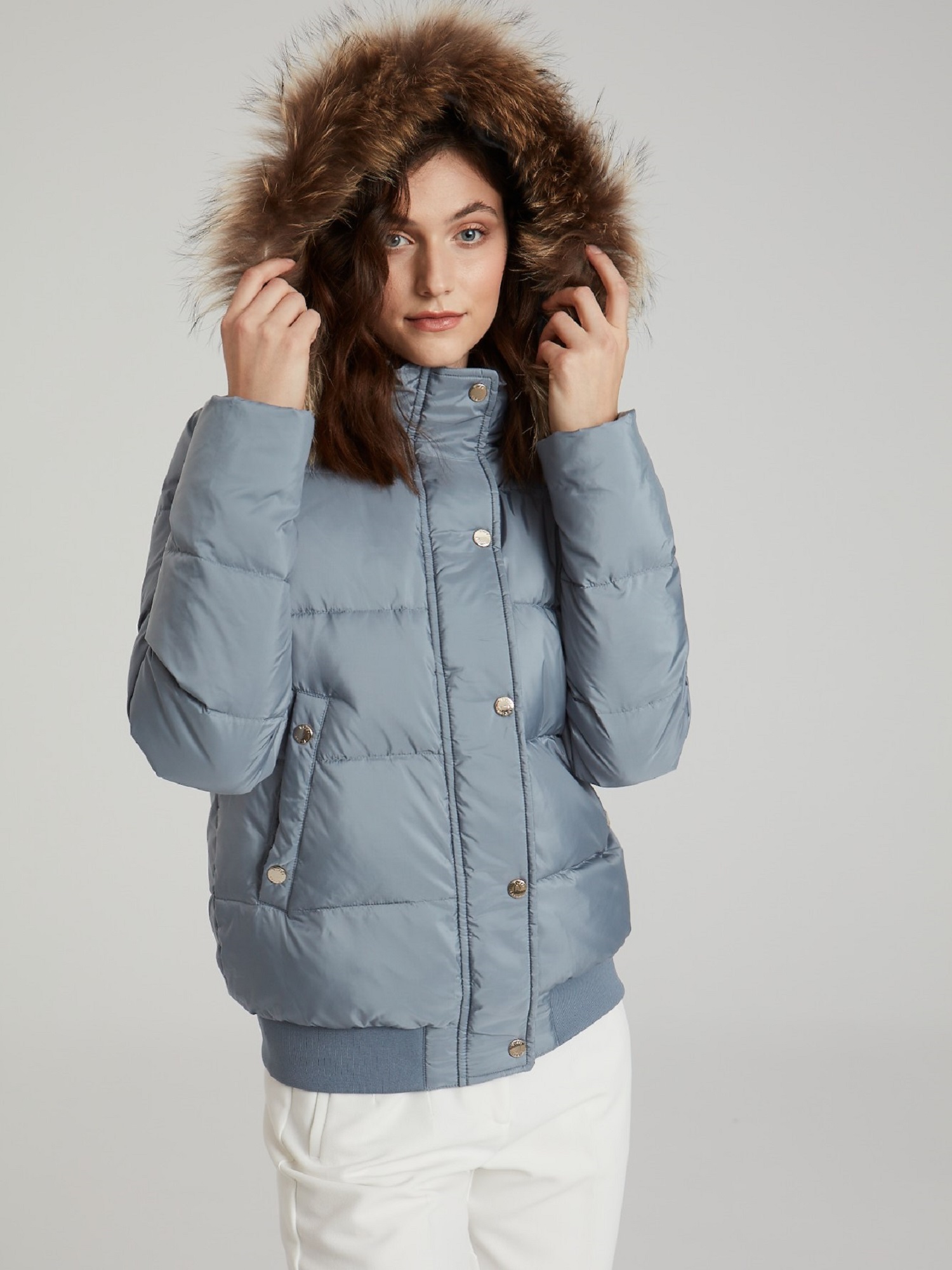Levně Blue short hooded jacket with raccoon trim TIFFI