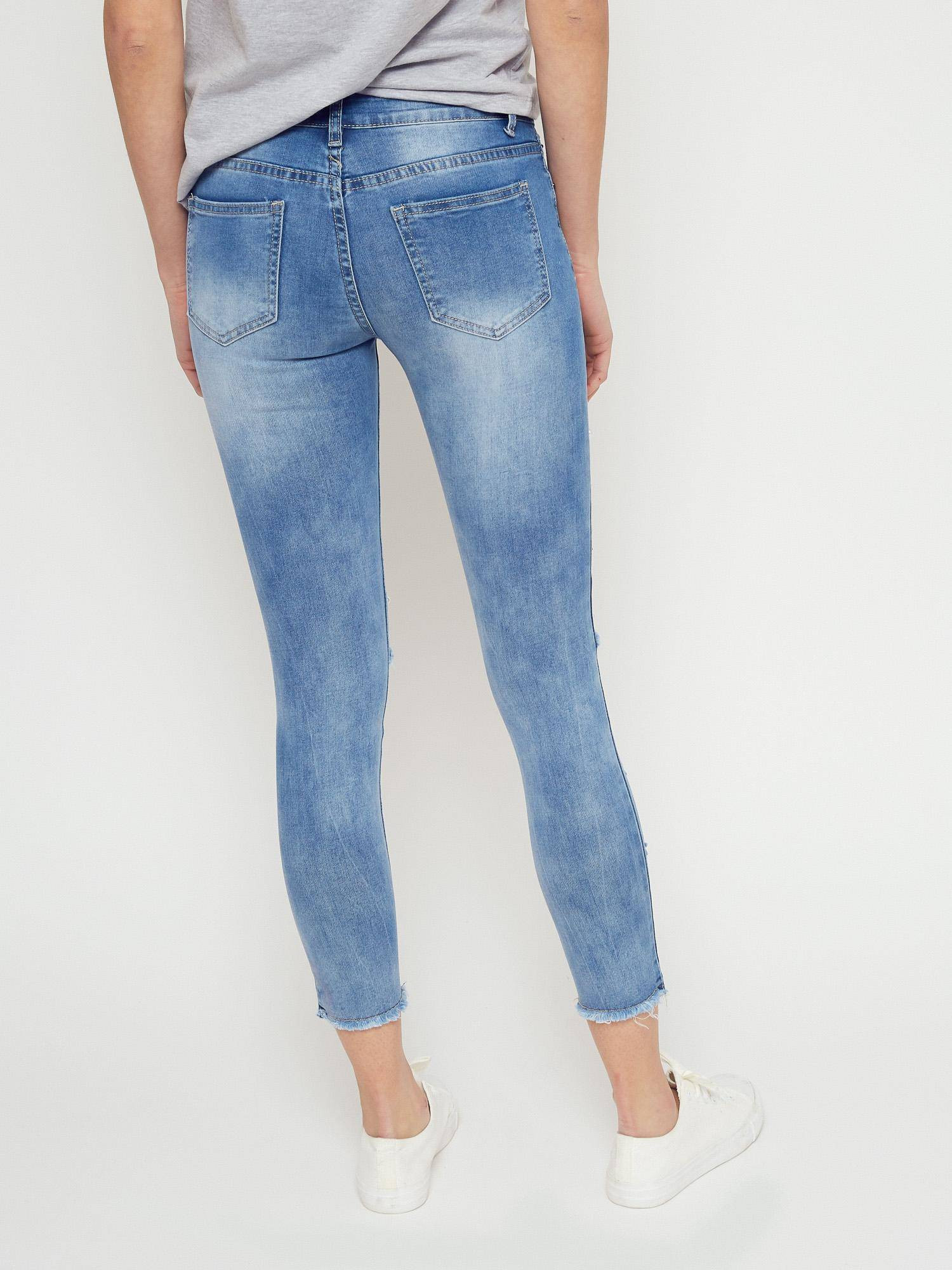Denim jeans decorated with pearls and rhinestones blue