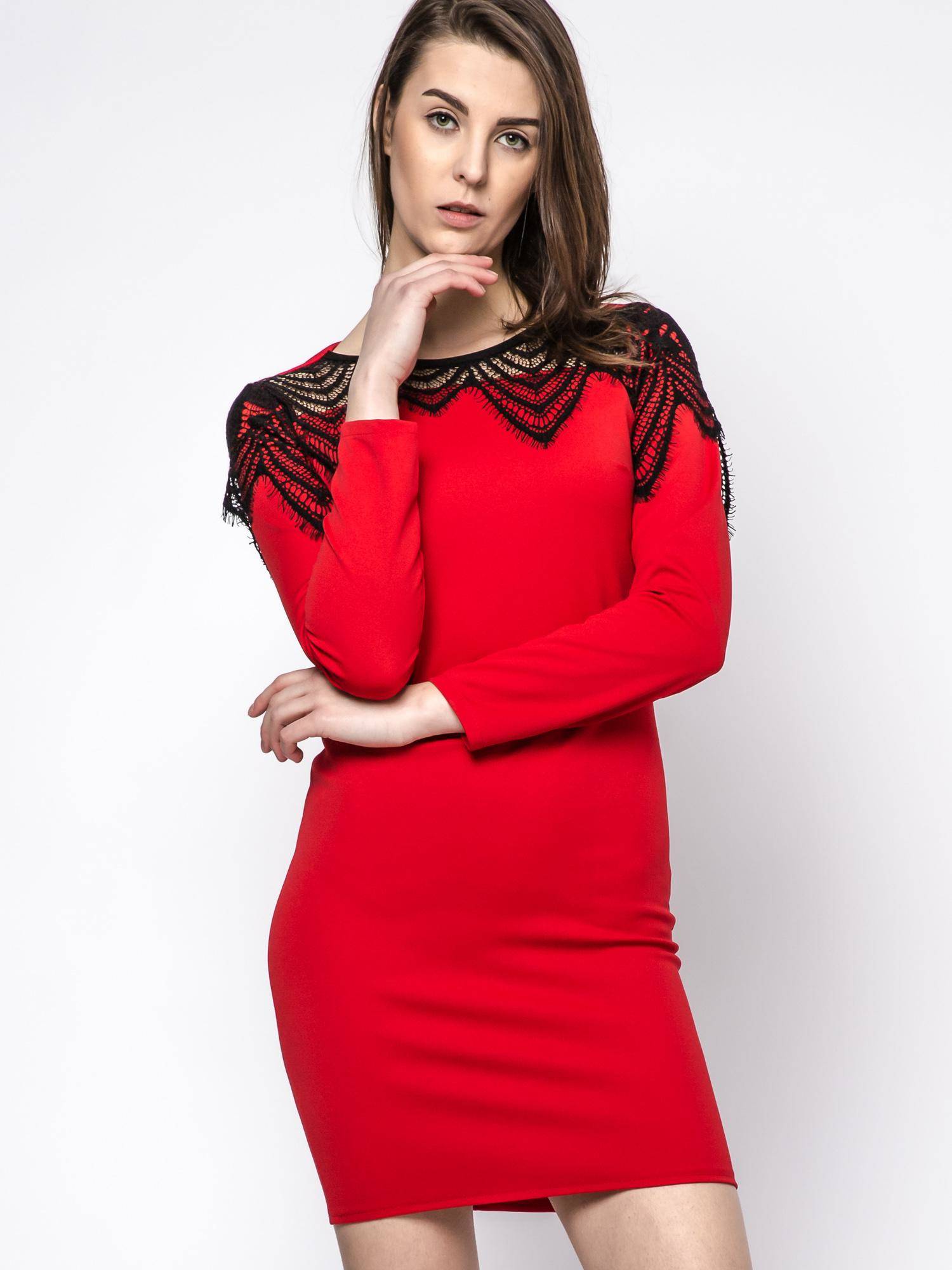 DRESS WITH LACE AT THE NECKLINE RED