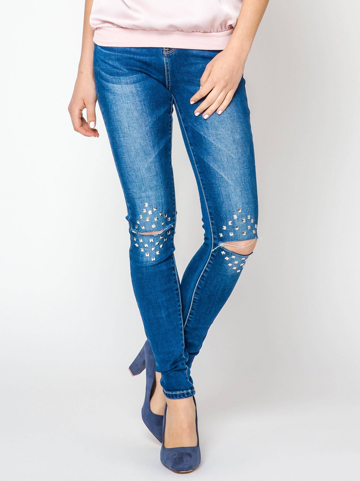 Levně Jeans decorated with cuts and rhinestones on the knees navy blue