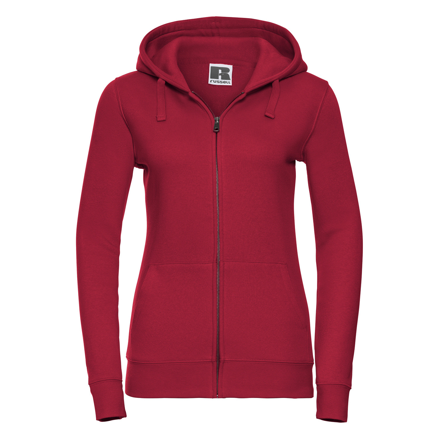 Red women's sweatshirt with hood and zipper Authentic Russell