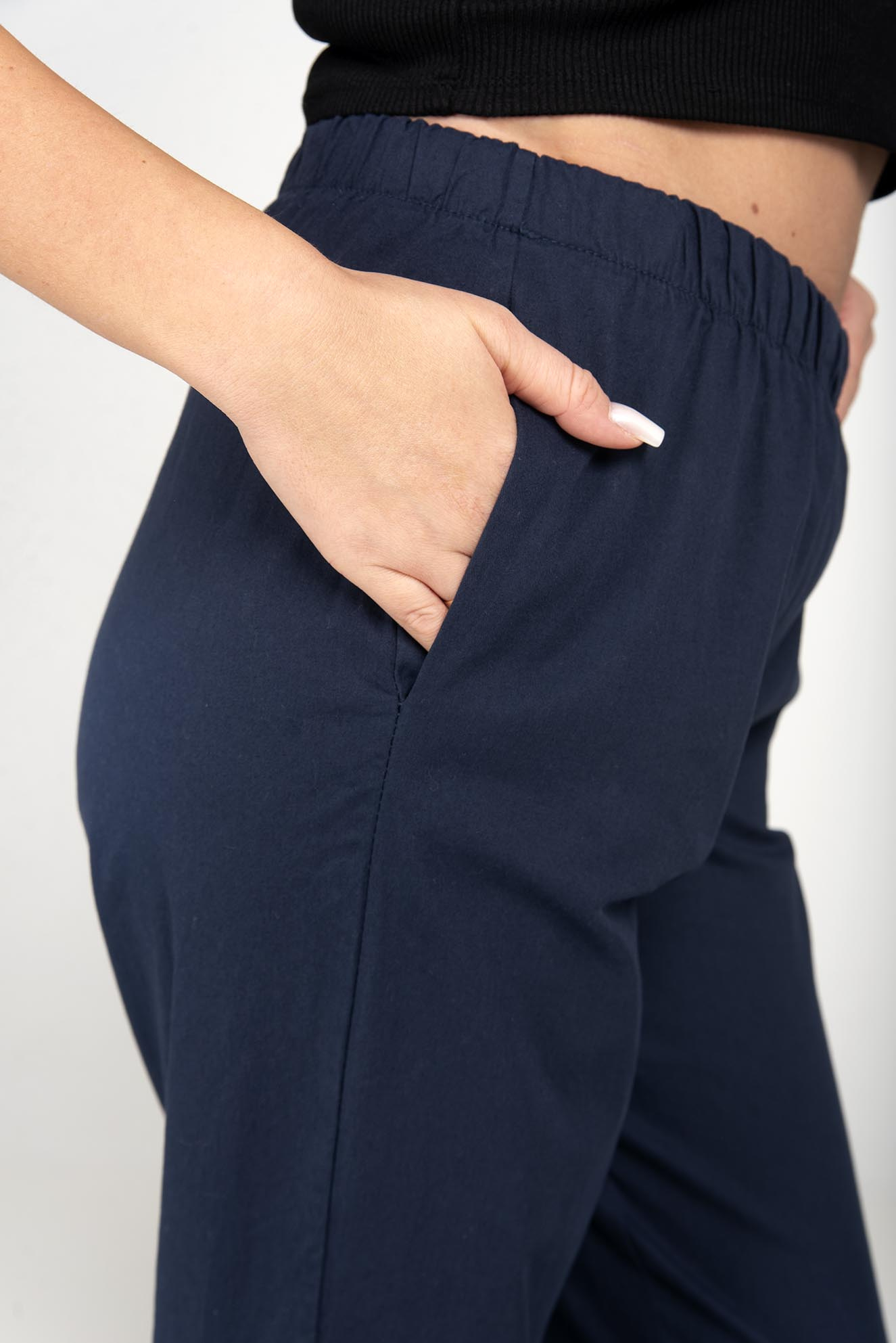 Navy blue cotton trousers with elastic band