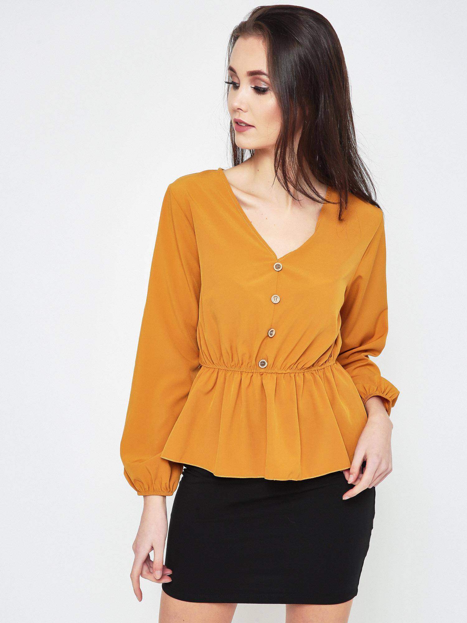 Levně Blouse with buttons and neckline in mustard v-neck