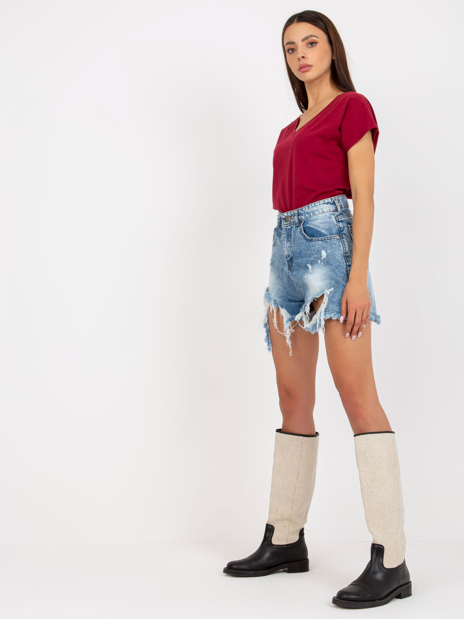 Burgundy cotton V-neck t-shirt BASIC