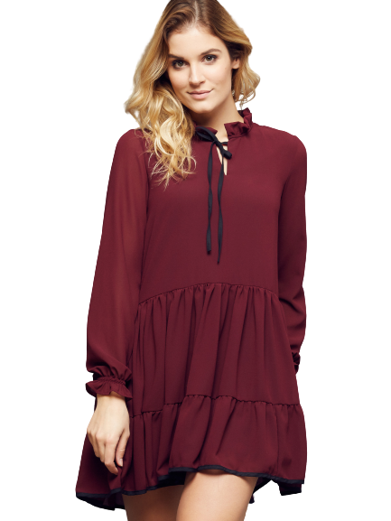 Cocomore Boutiqe dress with stand-up collar and ruffles burgundy