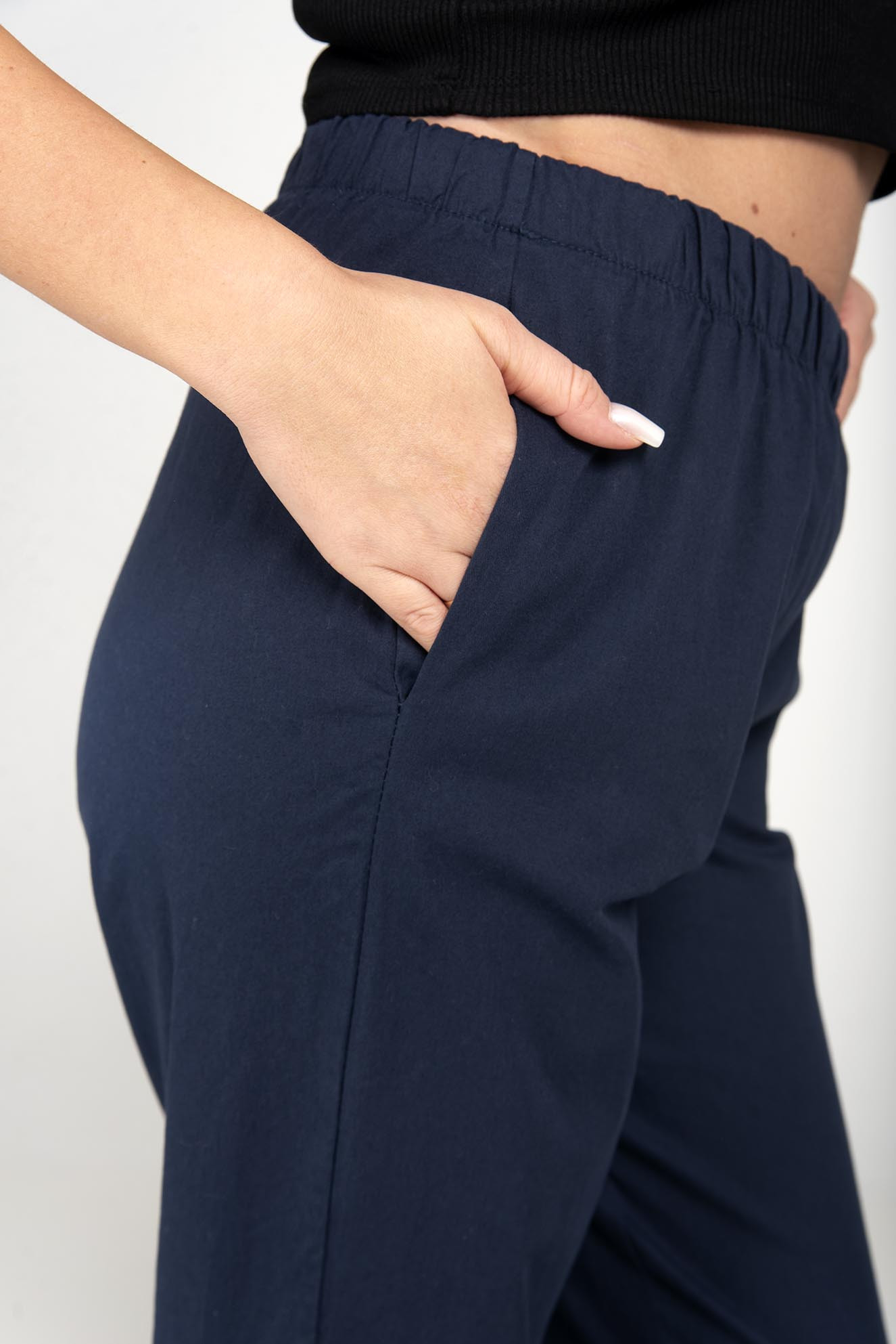 Navy blue cotton trousers with elastic band