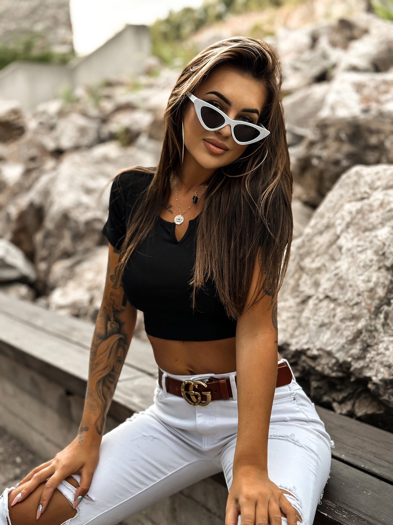 Black blouse with a crack in the Mayflies neckline