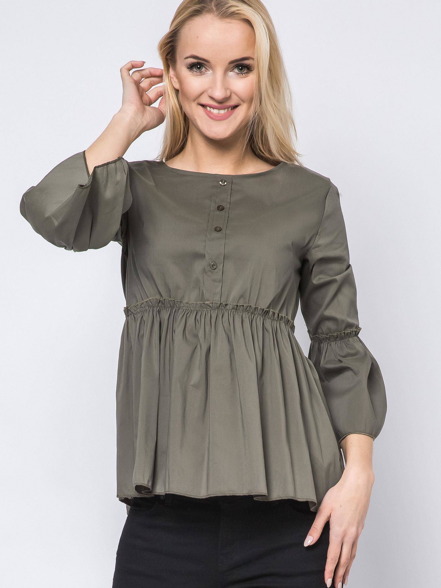 Blouse with frills and lace-up khaki neckline