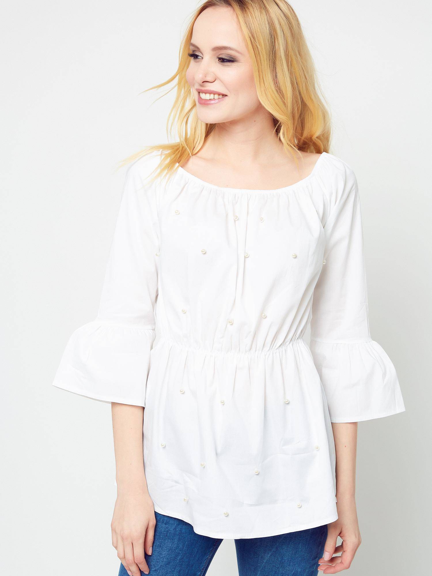 Levně Blouse with elastic waist decorated with pearls white